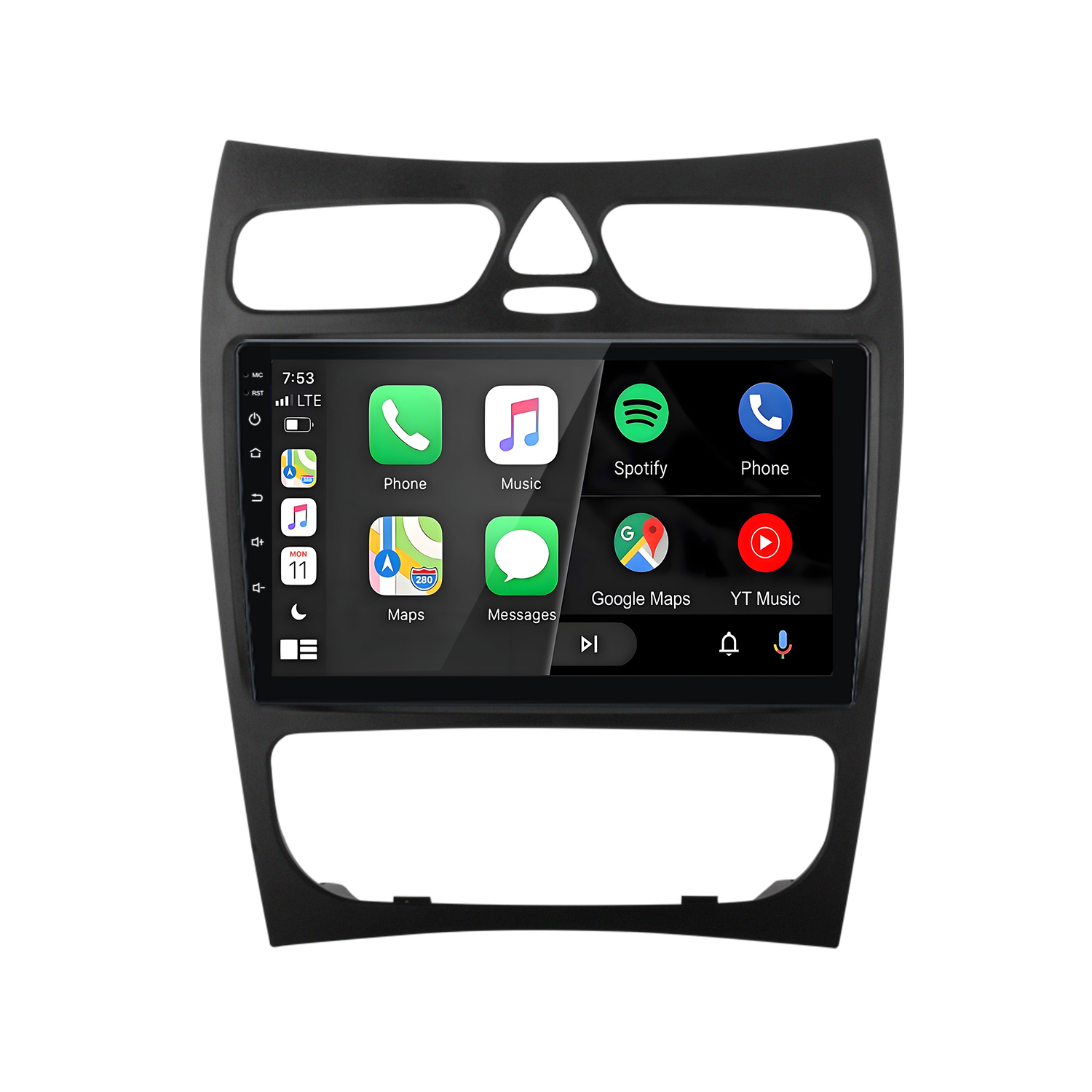 Ein schwarzer Auto-Infotainment-Bildschirm mit App-Symbolen wie Telefon, Musik, Spotify, Maps.