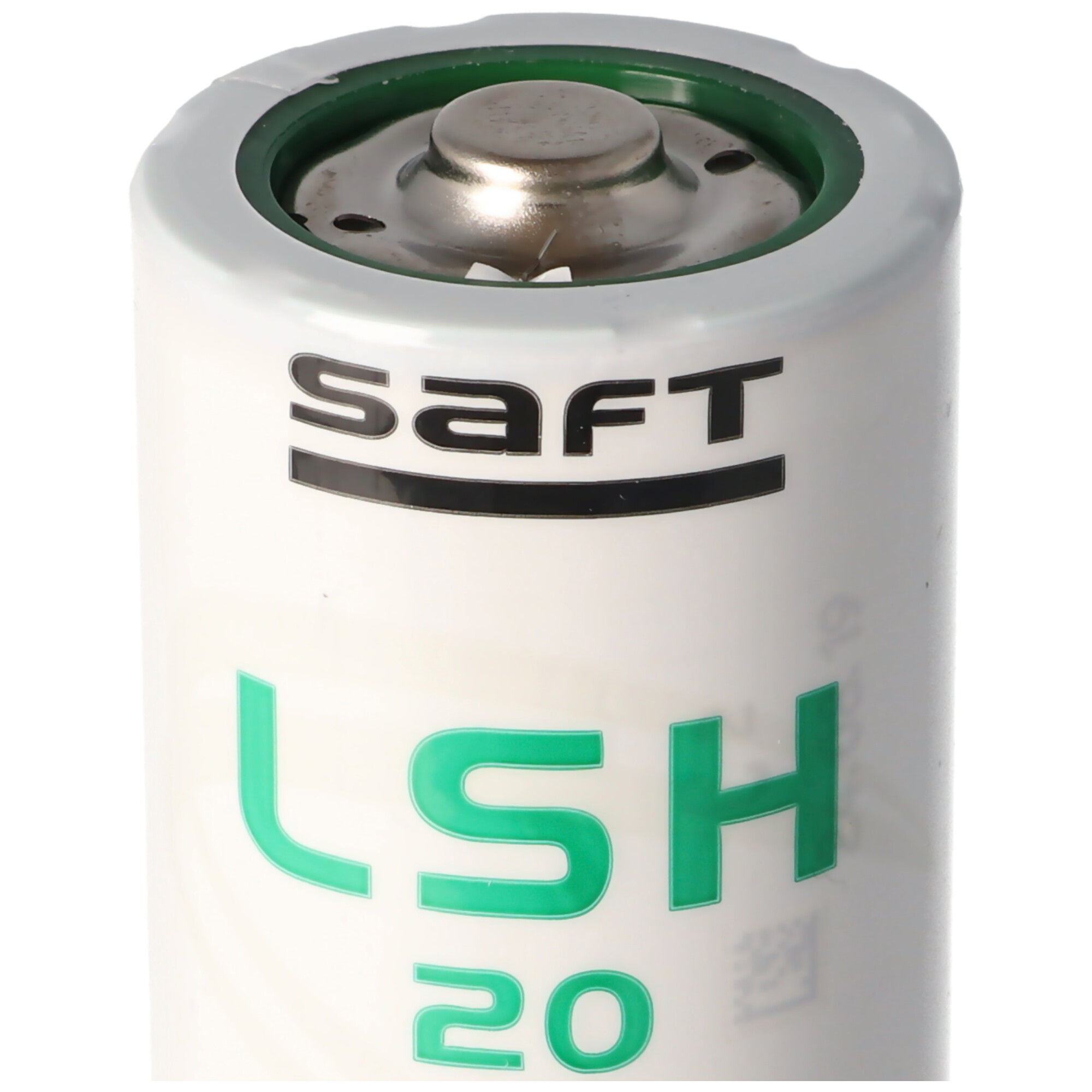 Eine weiße Saft LSH 20 Batterie mit silbernem Pluspol und grünem Ring.