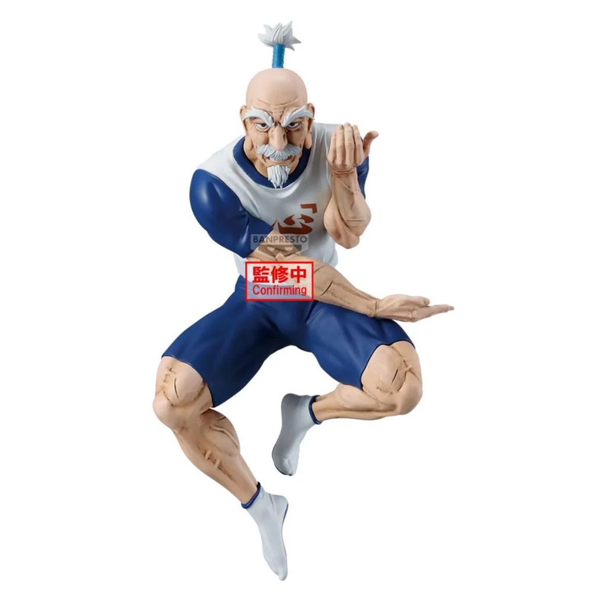 Eine Figur mit Glatze, Schnurrbart und einem blauen Oberteil mit weißen Ärmeln.