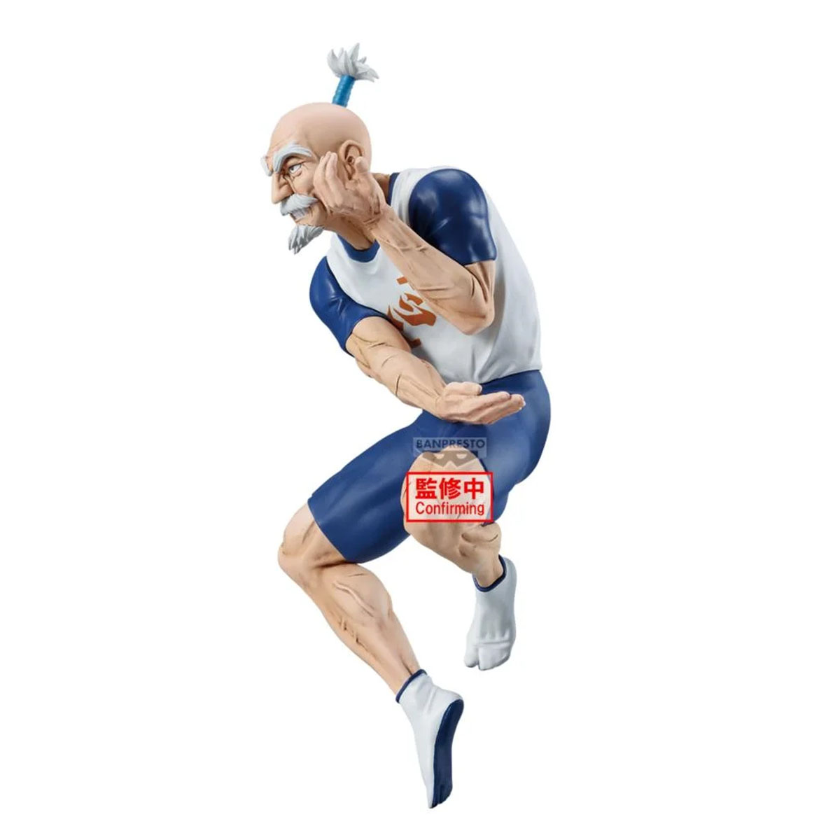 Eine Figur eines älteren Mannes mit weißem Bart und Dutt in Sportkleidung.