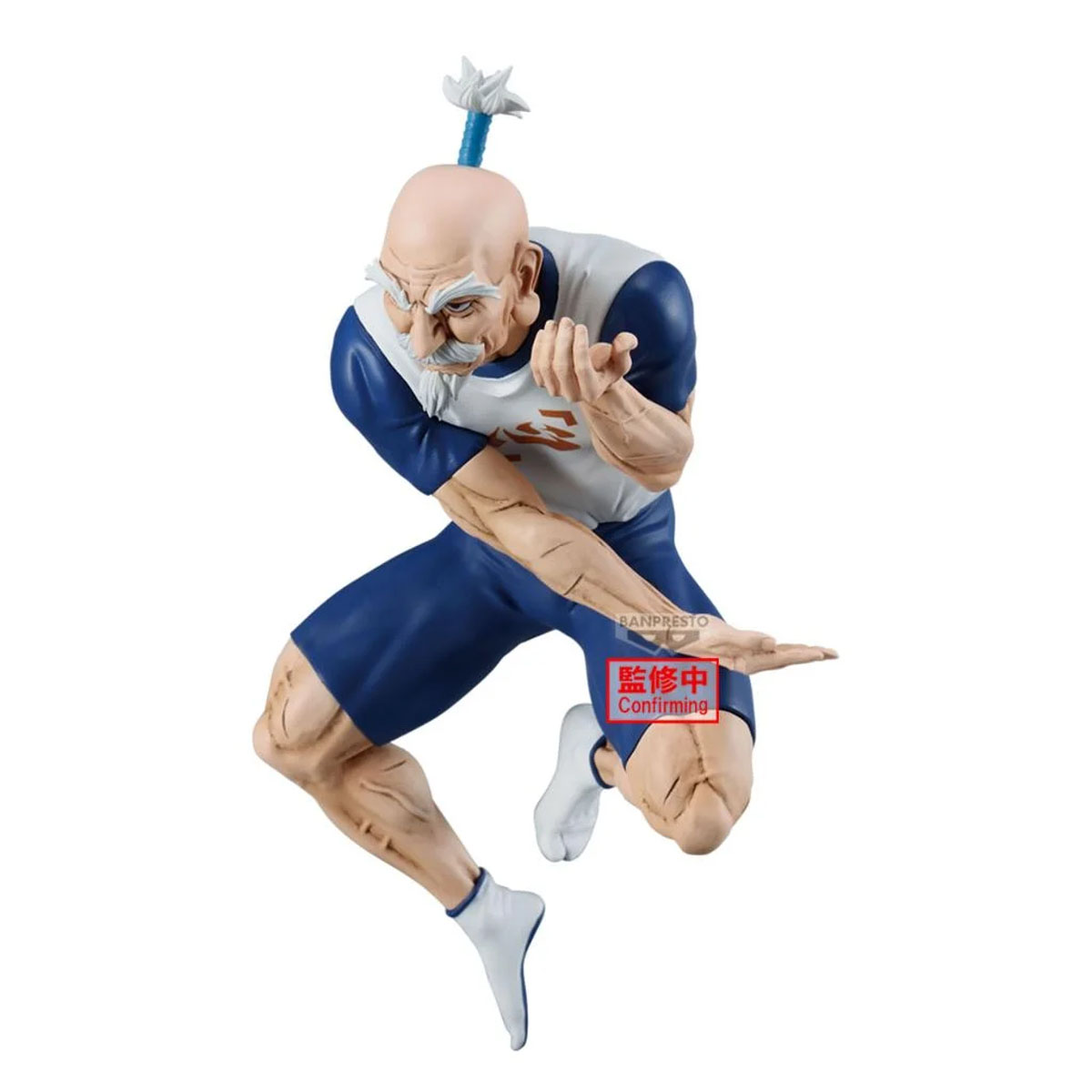 Eine Figur eines älteren Mannes mit weißem Schnurrbart und blauer Kleidung in Hocke.