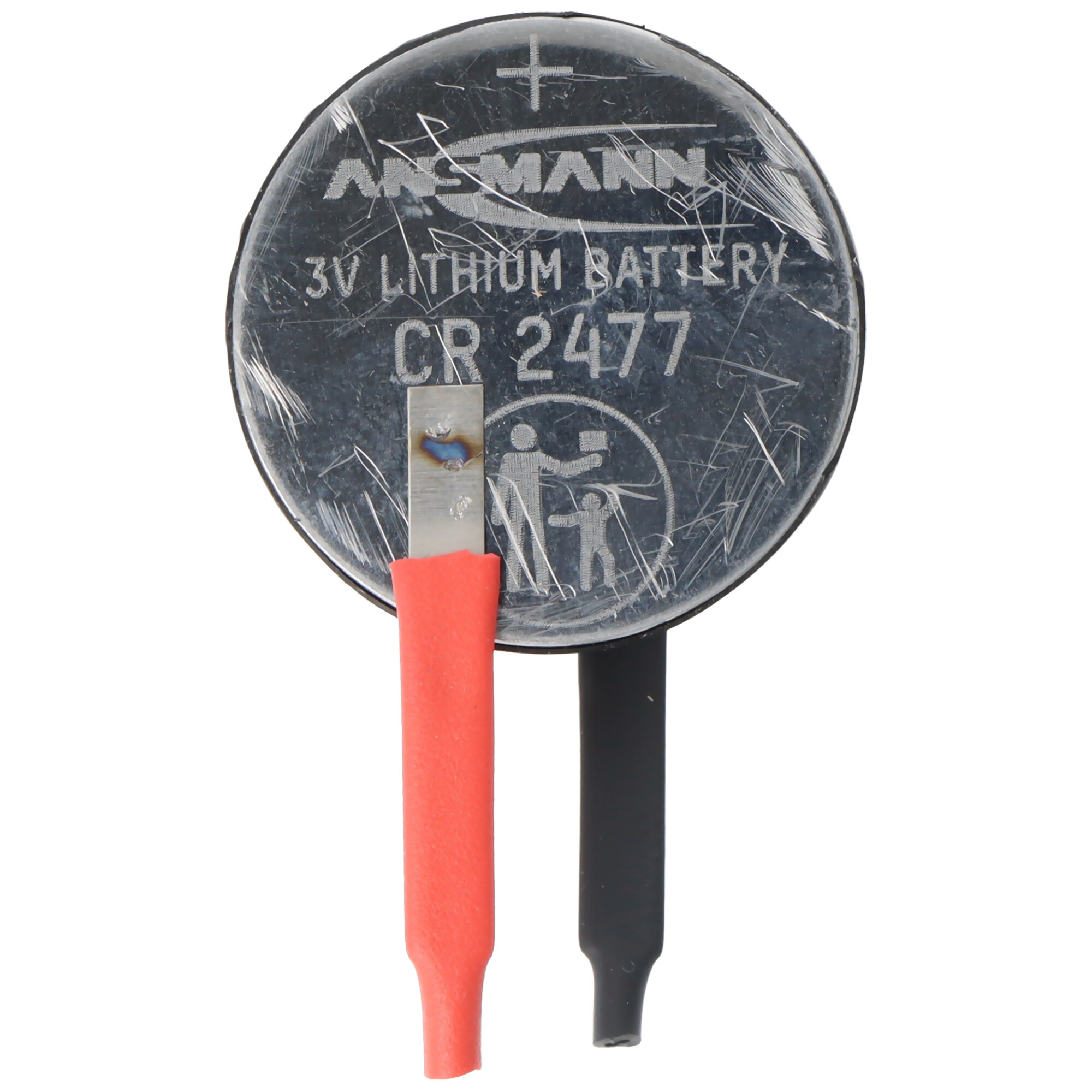 Eine 3V Lithium-Batterie CR 2477 mit roten und schwarzen Kabeln.