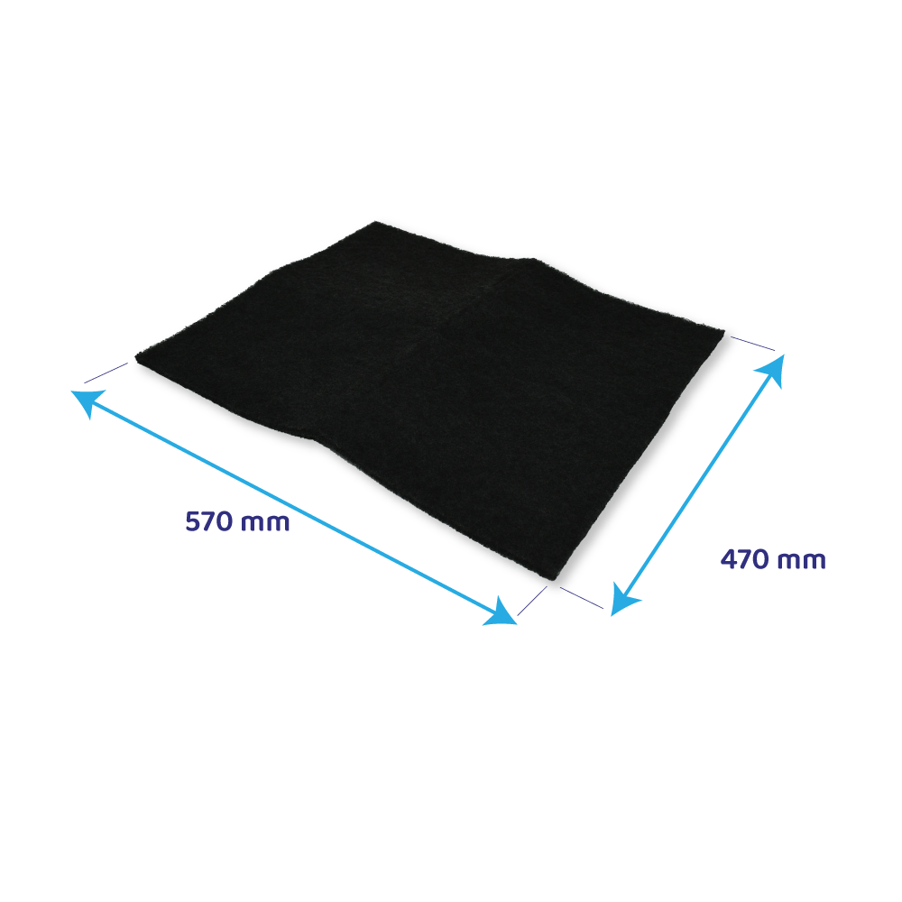 Schwarzer Filter mit Maßen 570 mm x 470 mm.