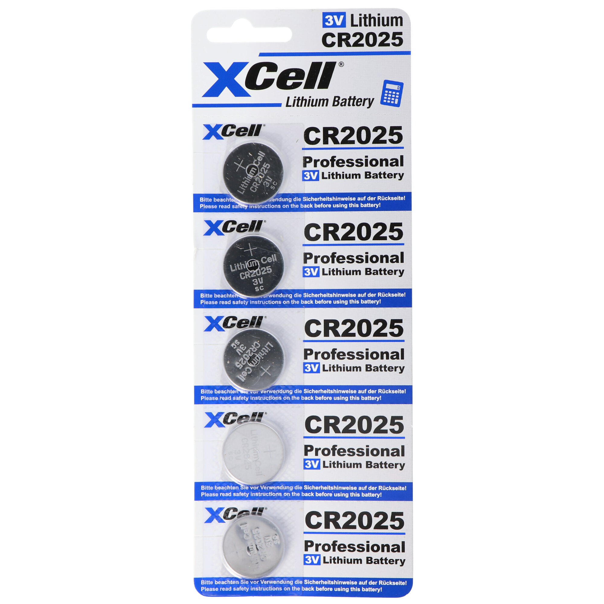 Verpackung mit mehreren XCell CR2025 Lithiumbatterien, jeweils einzeln verpackt.