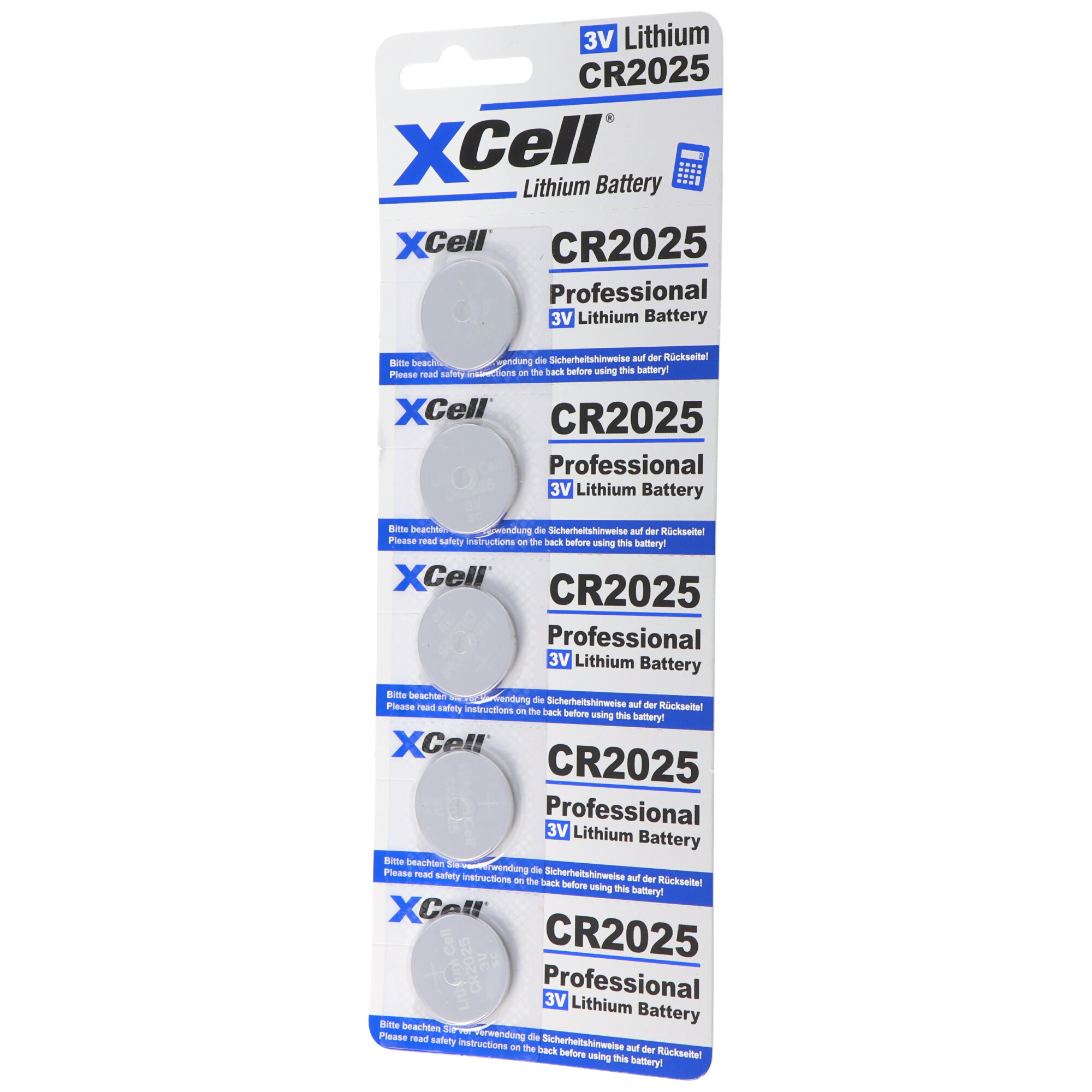 Packung mit fünf XCell CR2025 3V Lithium-Knopfzellenbatterien.