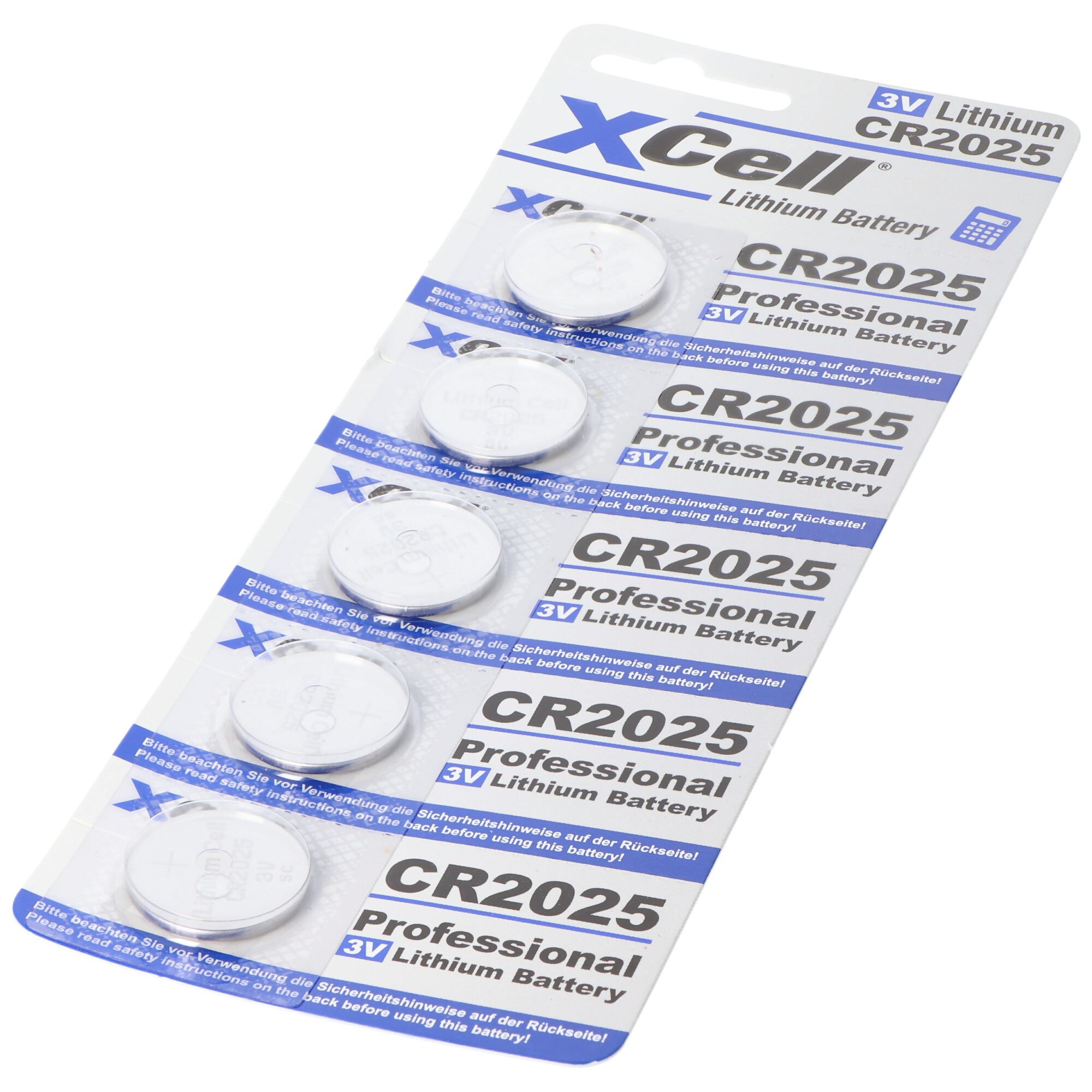 Verpackung mit fünf 3V Lithium CR2025 Knopfzellen-Batterien.