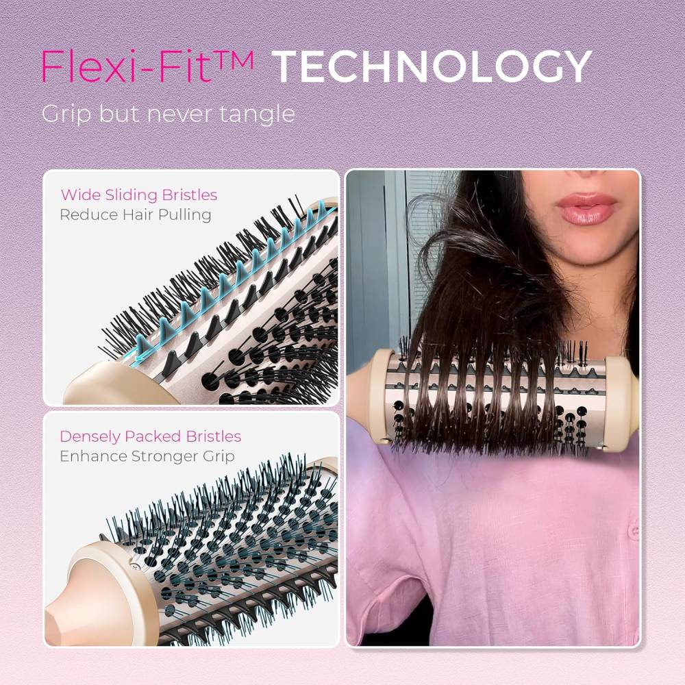 Tre immagini mostrano una spazzola per capelli con tecnologia Flexi-Fit.