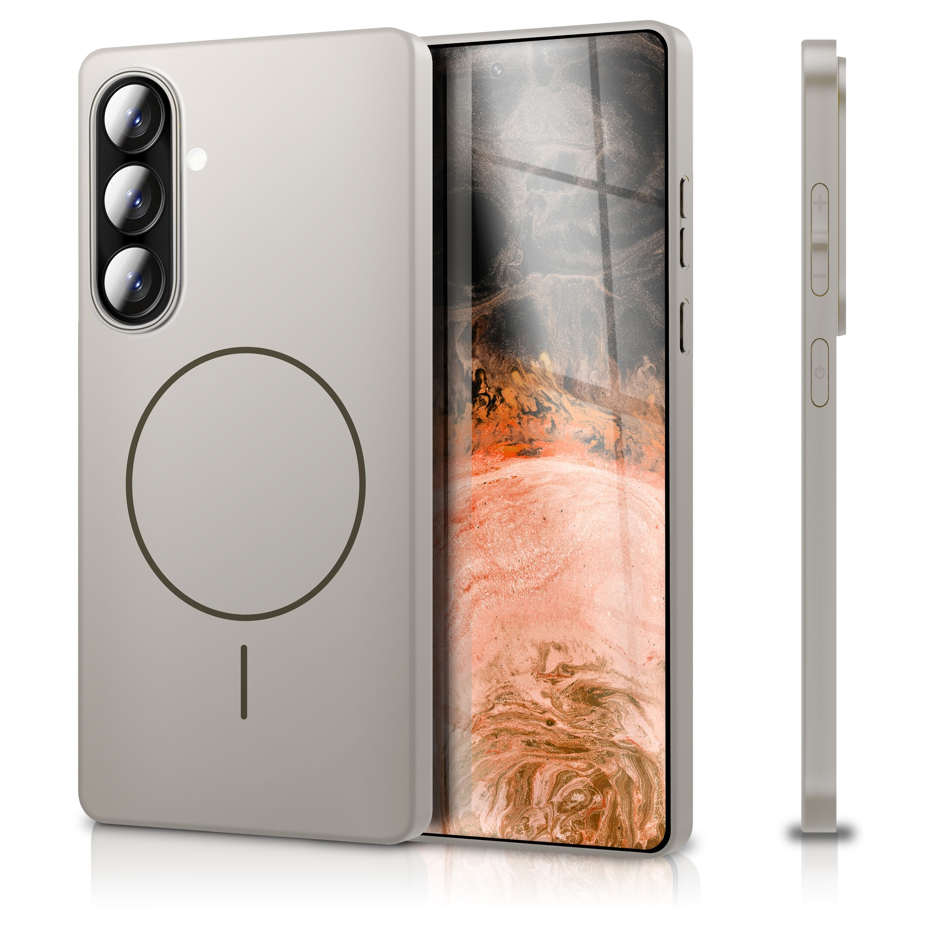Une coque de téléphone gris clair avec des caméras et un cercle magnétique.