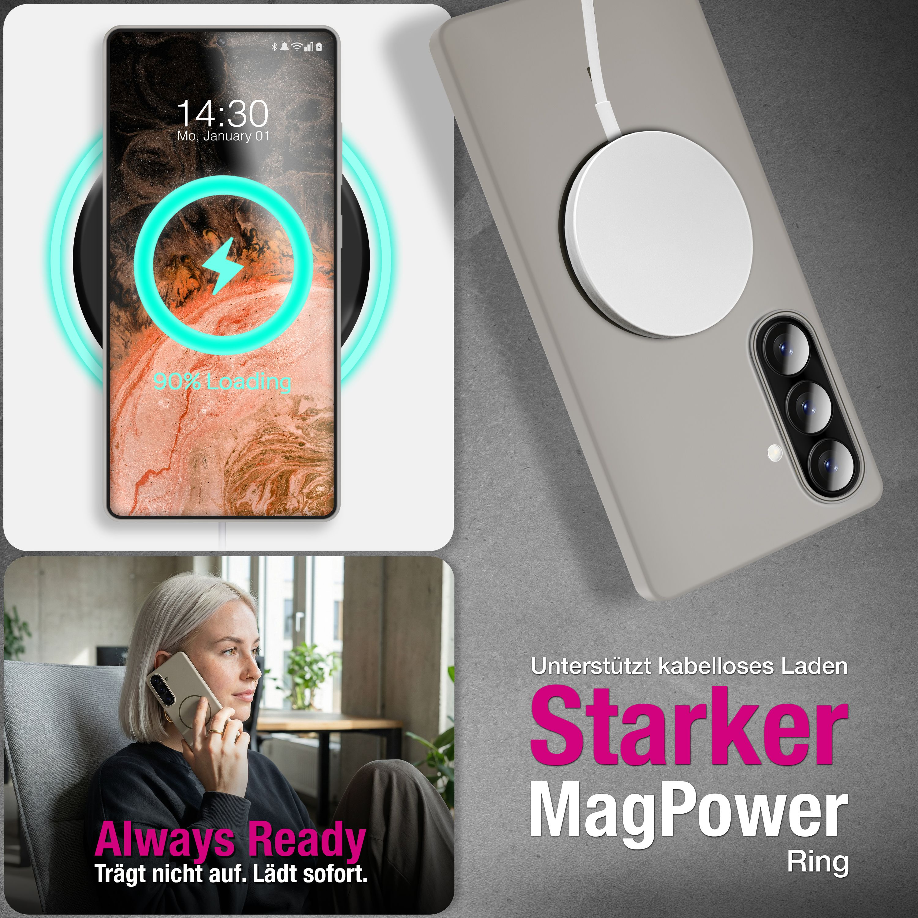 Smartphone en charge sans fil. Femme au téléphone. Anneau MagPower puissant.