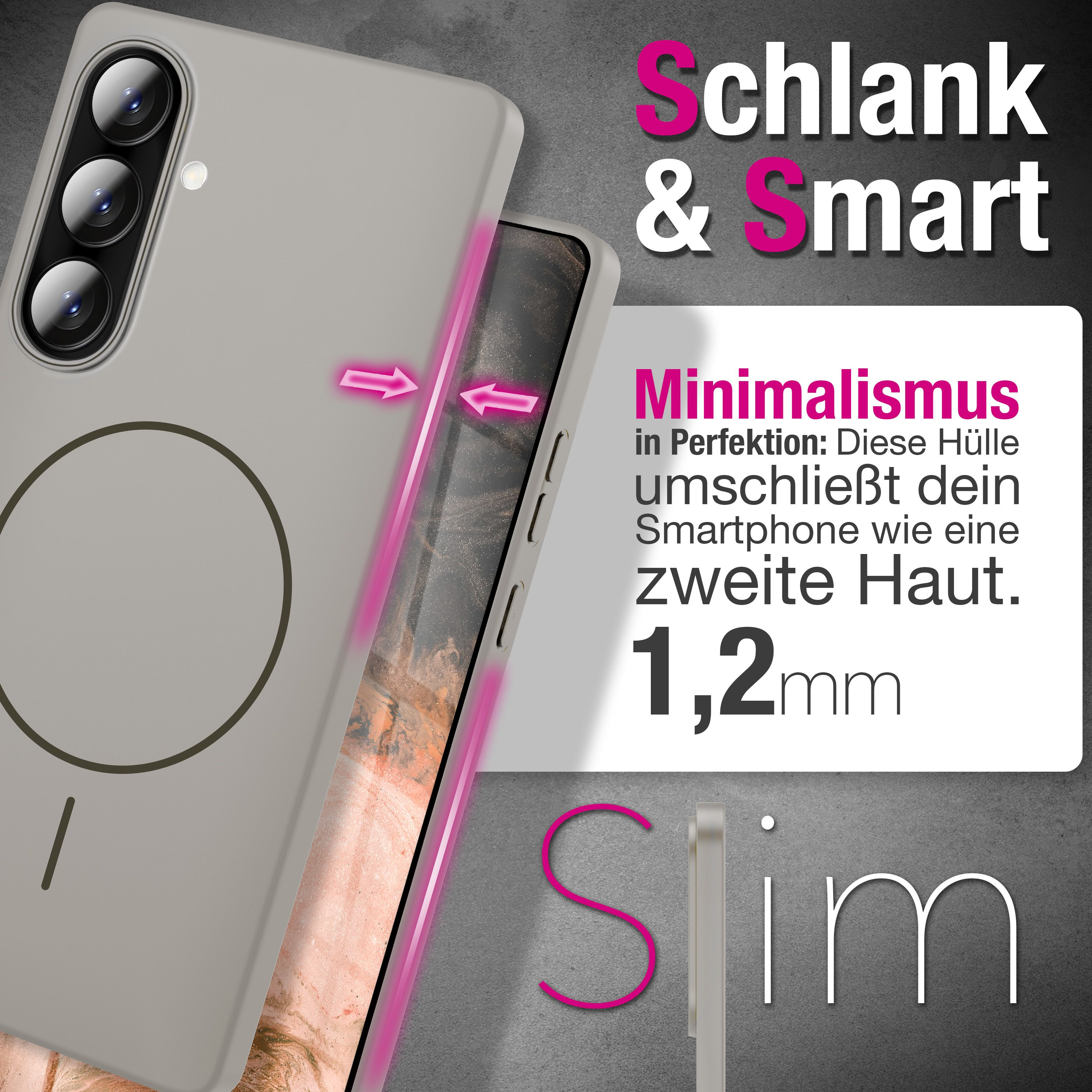 Coque de téléphone grise avec accents violets, faisant la pub Slim & Smart.