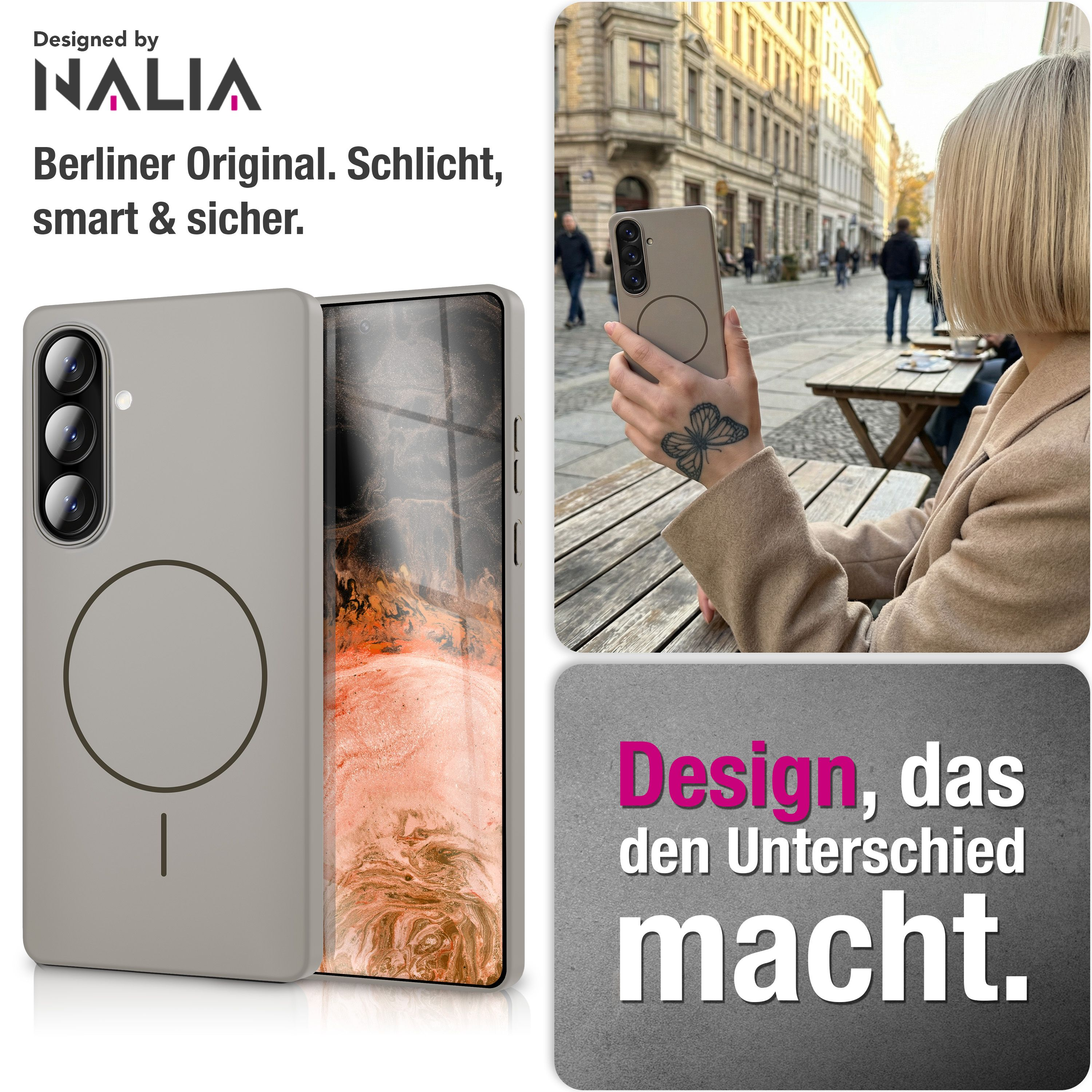Coque de téléphone grise avec détail CAMÉRA et femme avec tatouage dans rue.