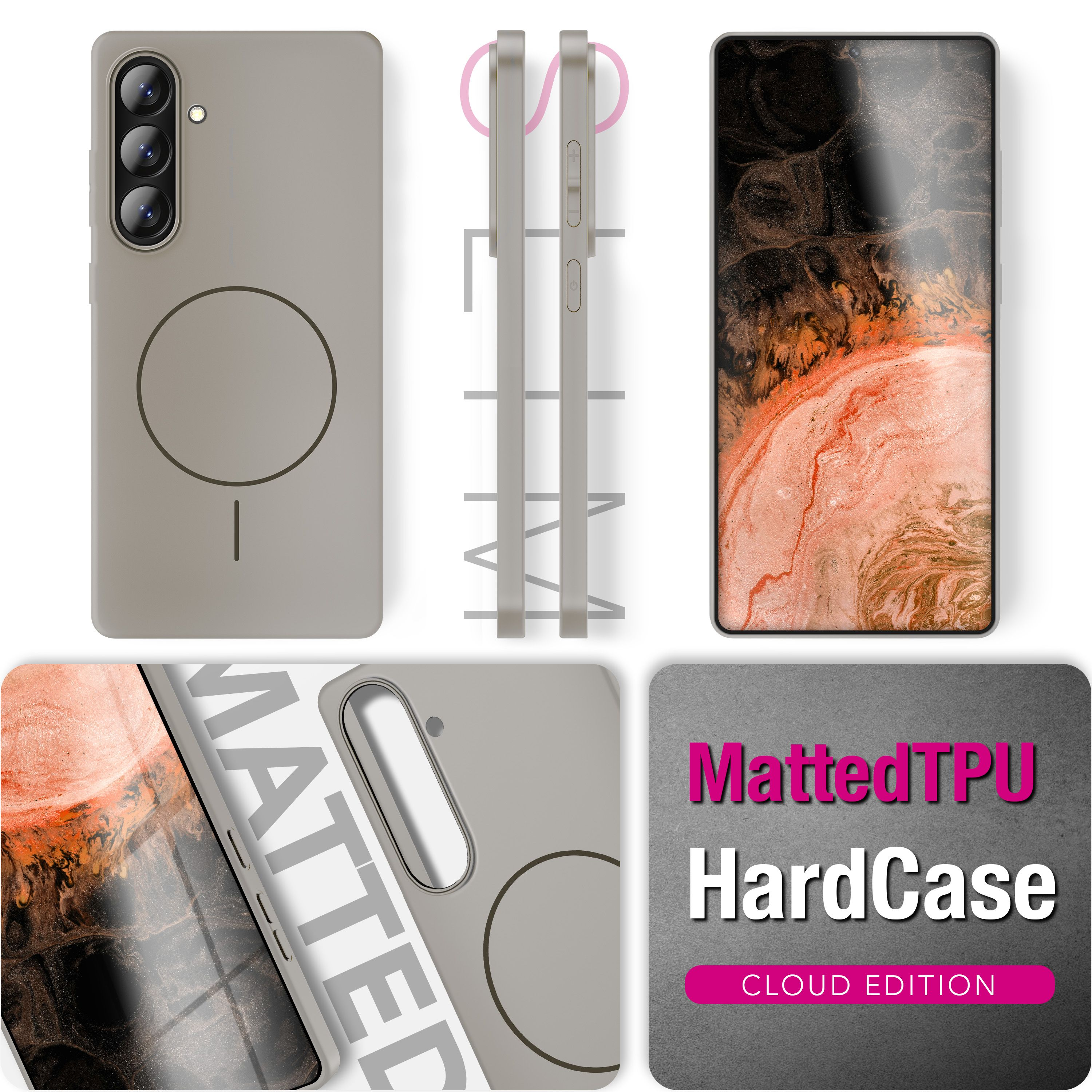 Conception de coque de téléphone grise avec caméras et écran de téléphone.