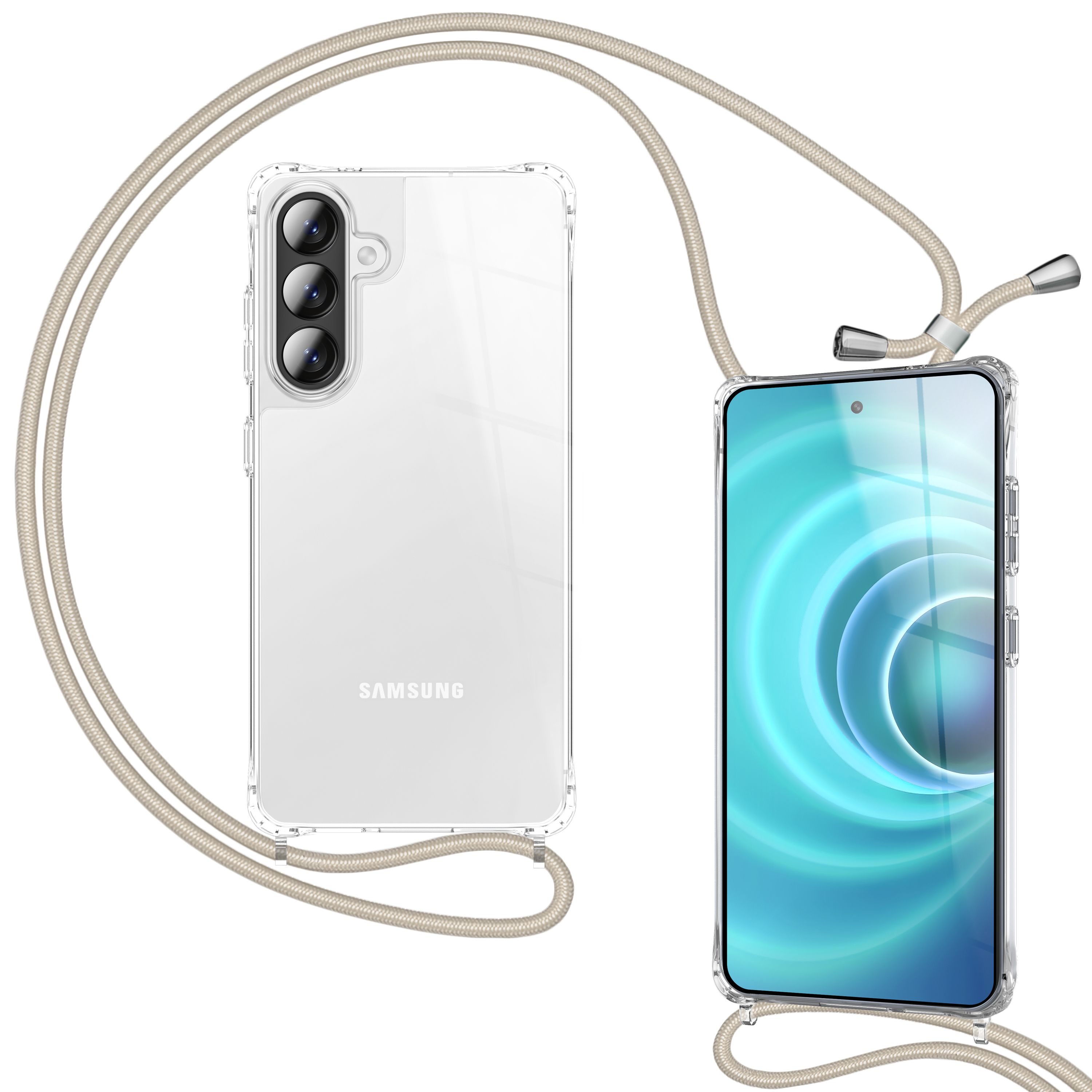 Ein durchsichtiges Handy-Etui mit einem Band, das um das Handy und die Kamera gewickelt ist.