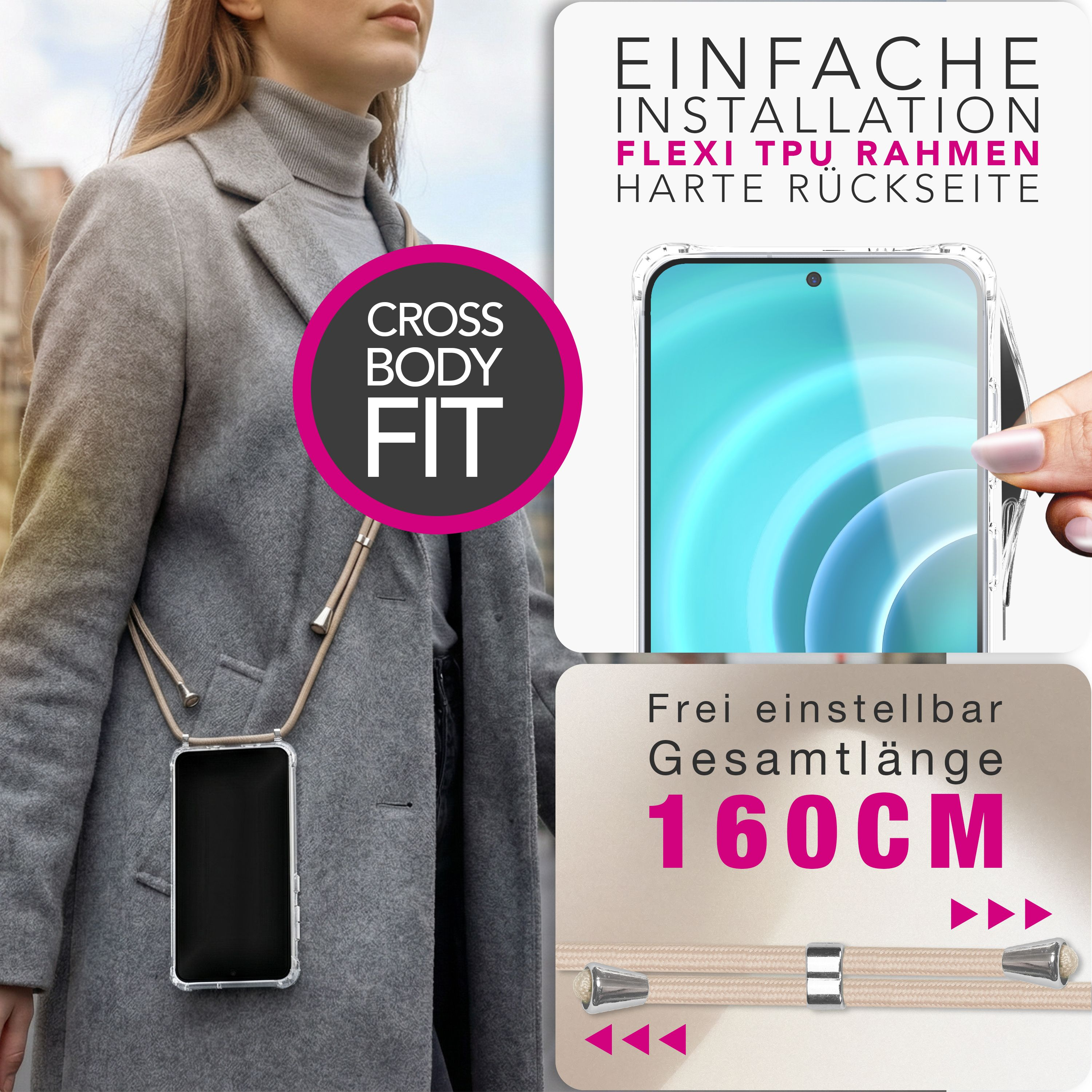 Person mit Smartphone-Halterung am Hals, mit Texteinblendungen.