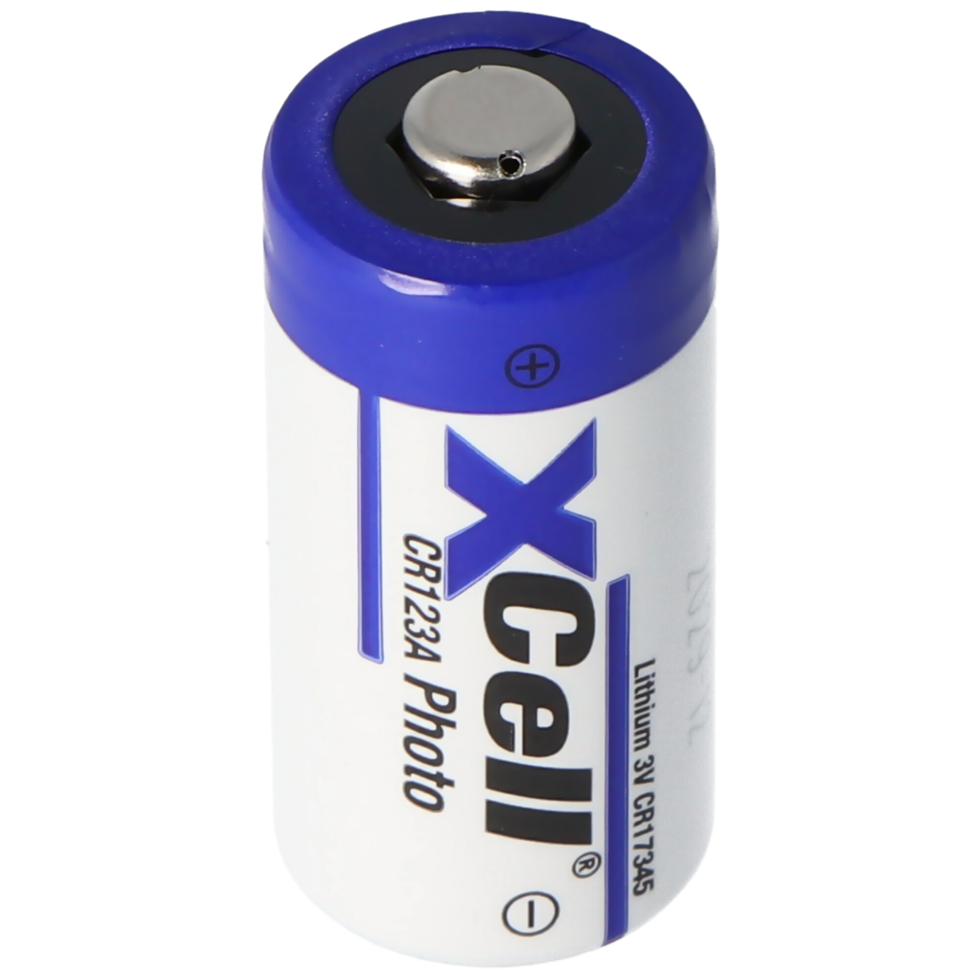Eine weiße Batterie mit blauem Kragen und "Xcell CR123A Photo" Aufschrift.