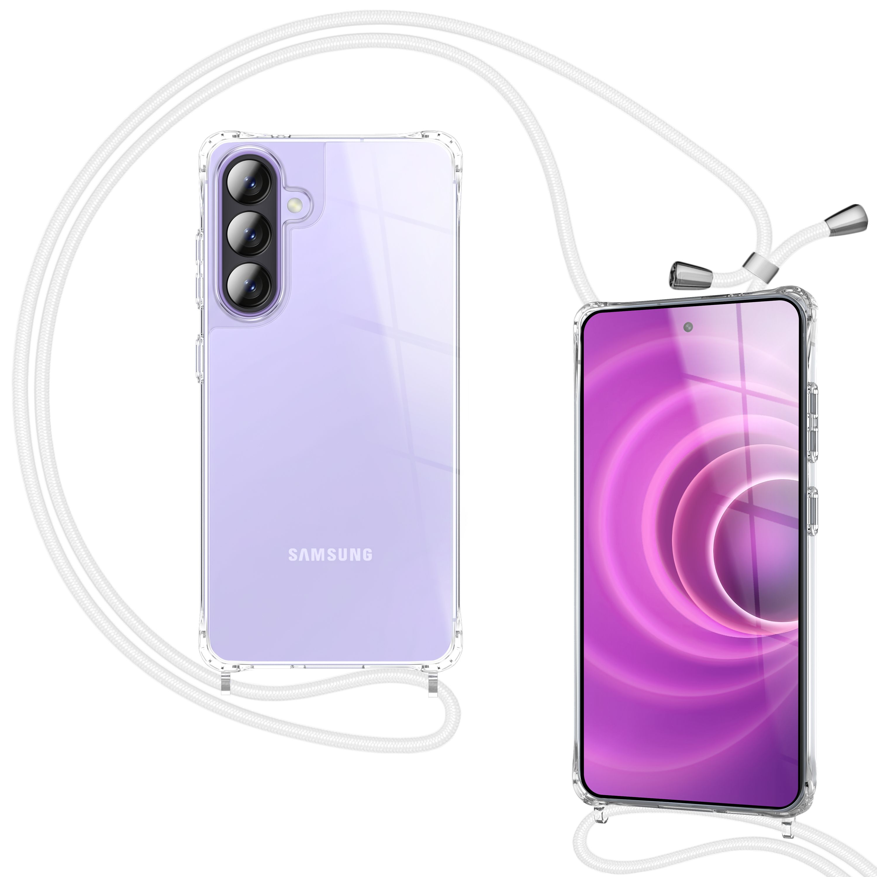 Ein durchsichtiges Samsung-Handy mit einer weißen Umhängekordel liegt auf weißem Hintergrund.
