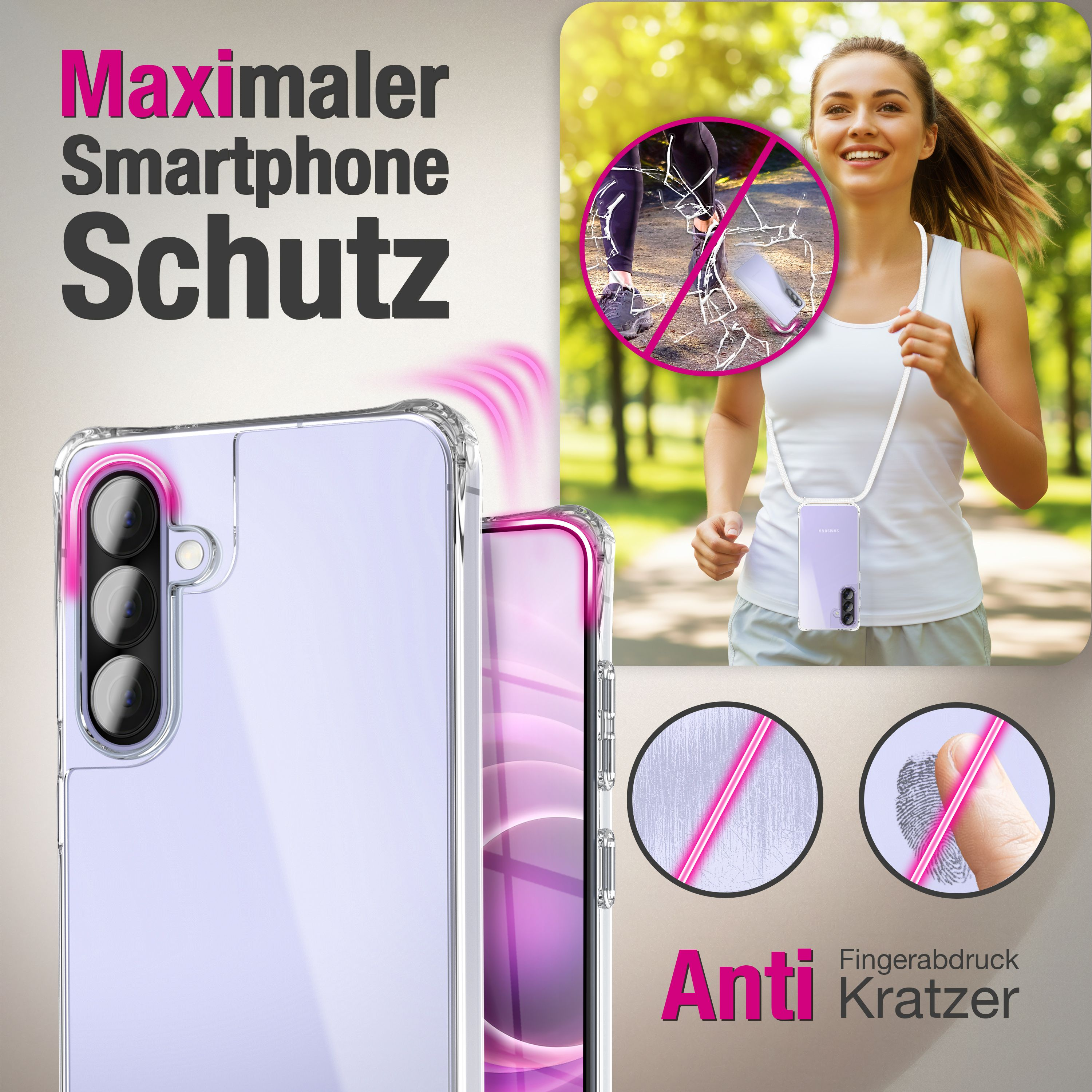 Ein transparentes Handycover mit pinken Akzenten, das eine Frau beim Joggen schützt.