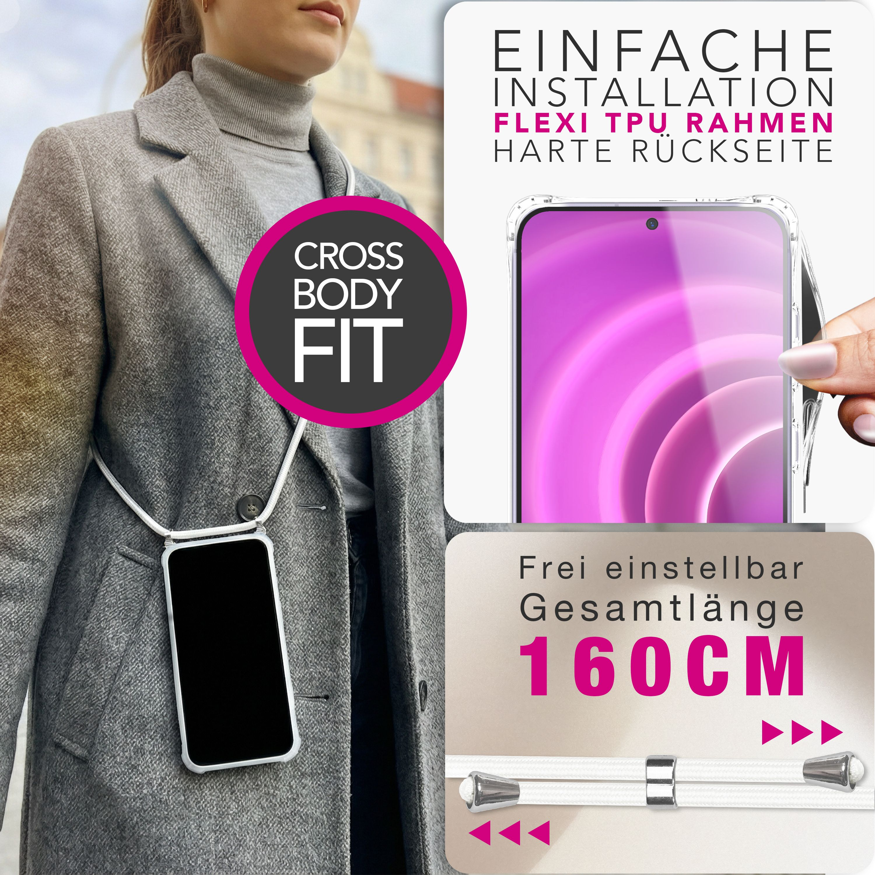 Frau mit Handy-Hülle am Band, 160 cm lang, einfache Installation.
