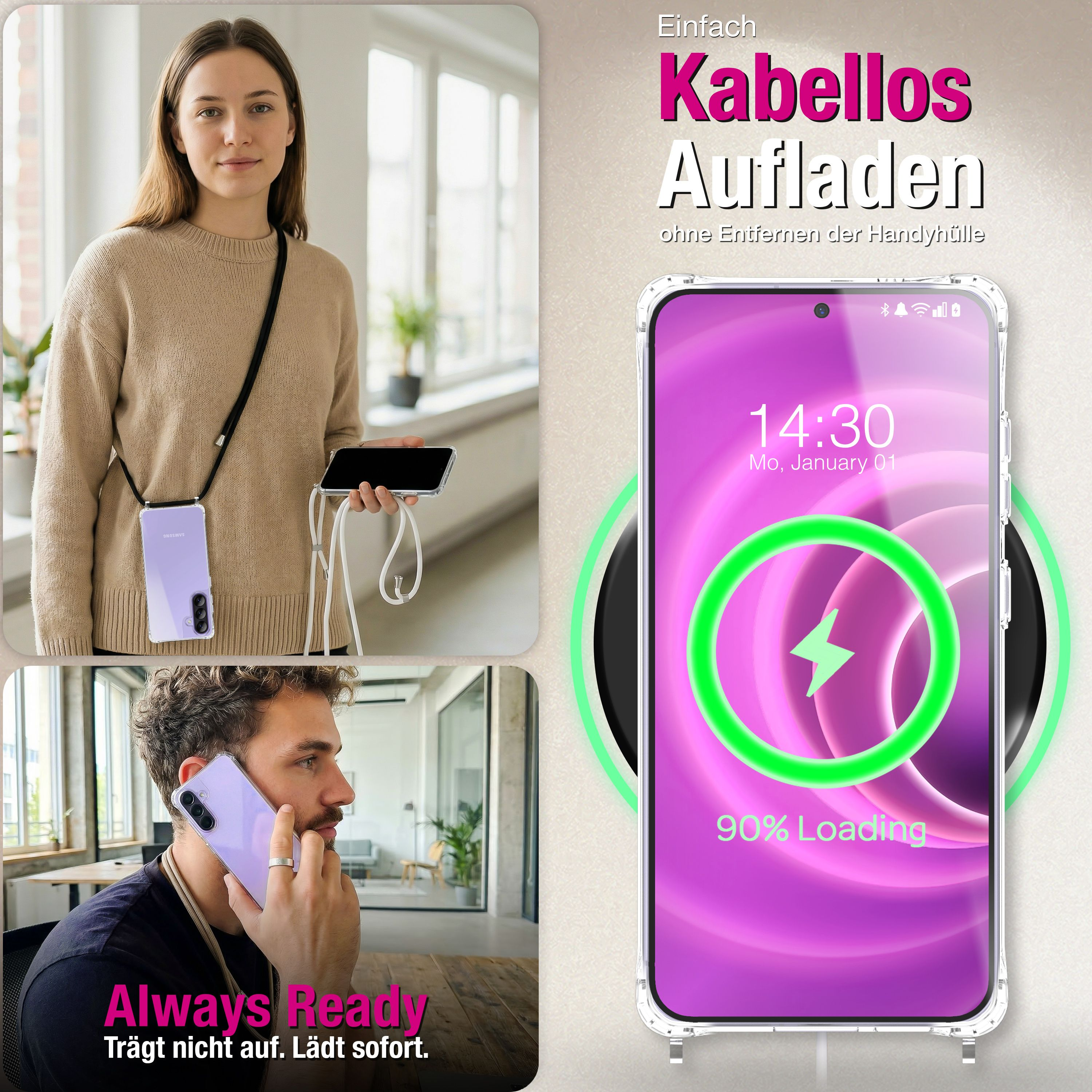 Frau mit Handy-Hülle und Ladekabel; Mann am Telefon; Handy wird drahtlos geladen.