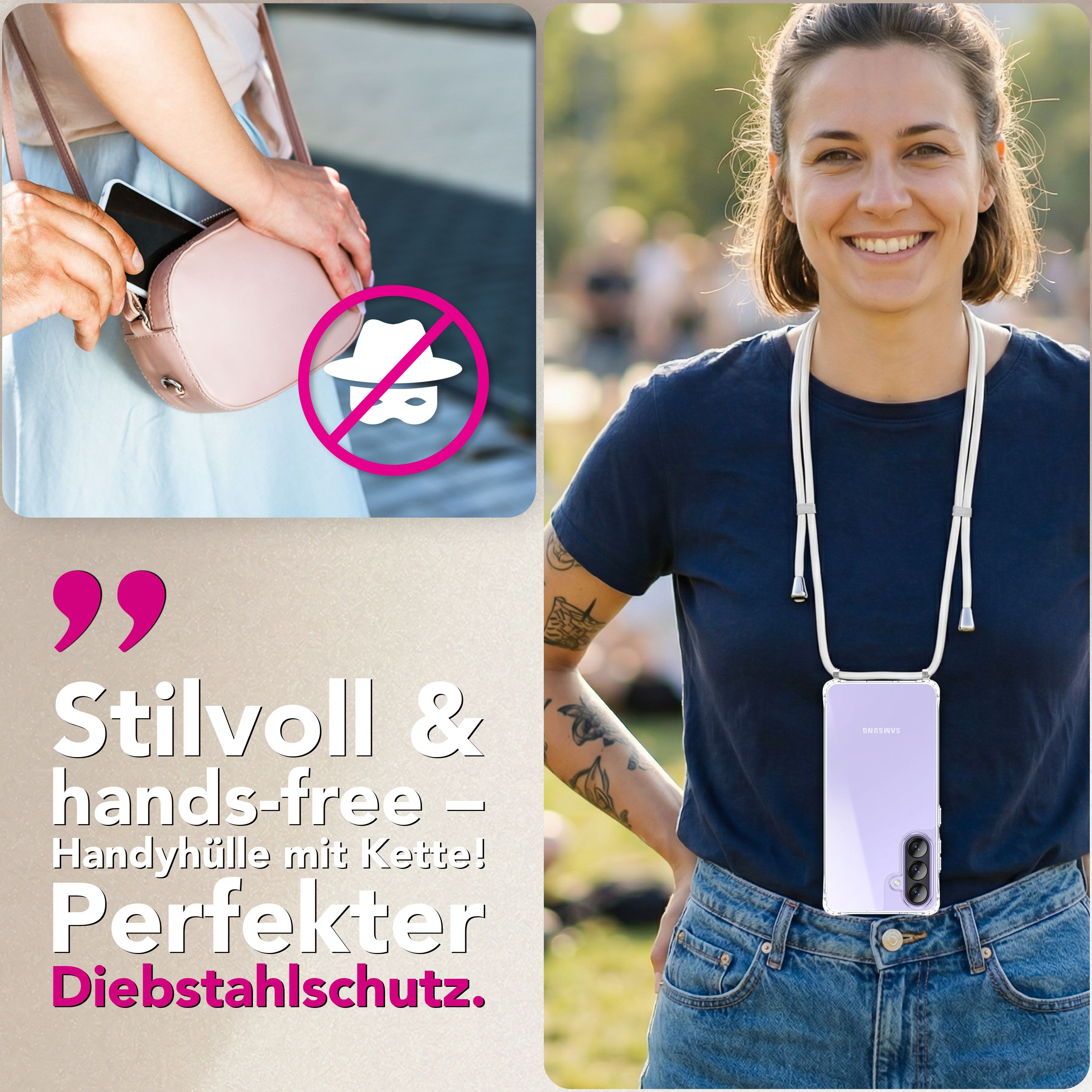 Frau mit Smartphone-Hülle mit Kette, lächelnd. Links Hände, die ein Handy in eine Tasche stecken.