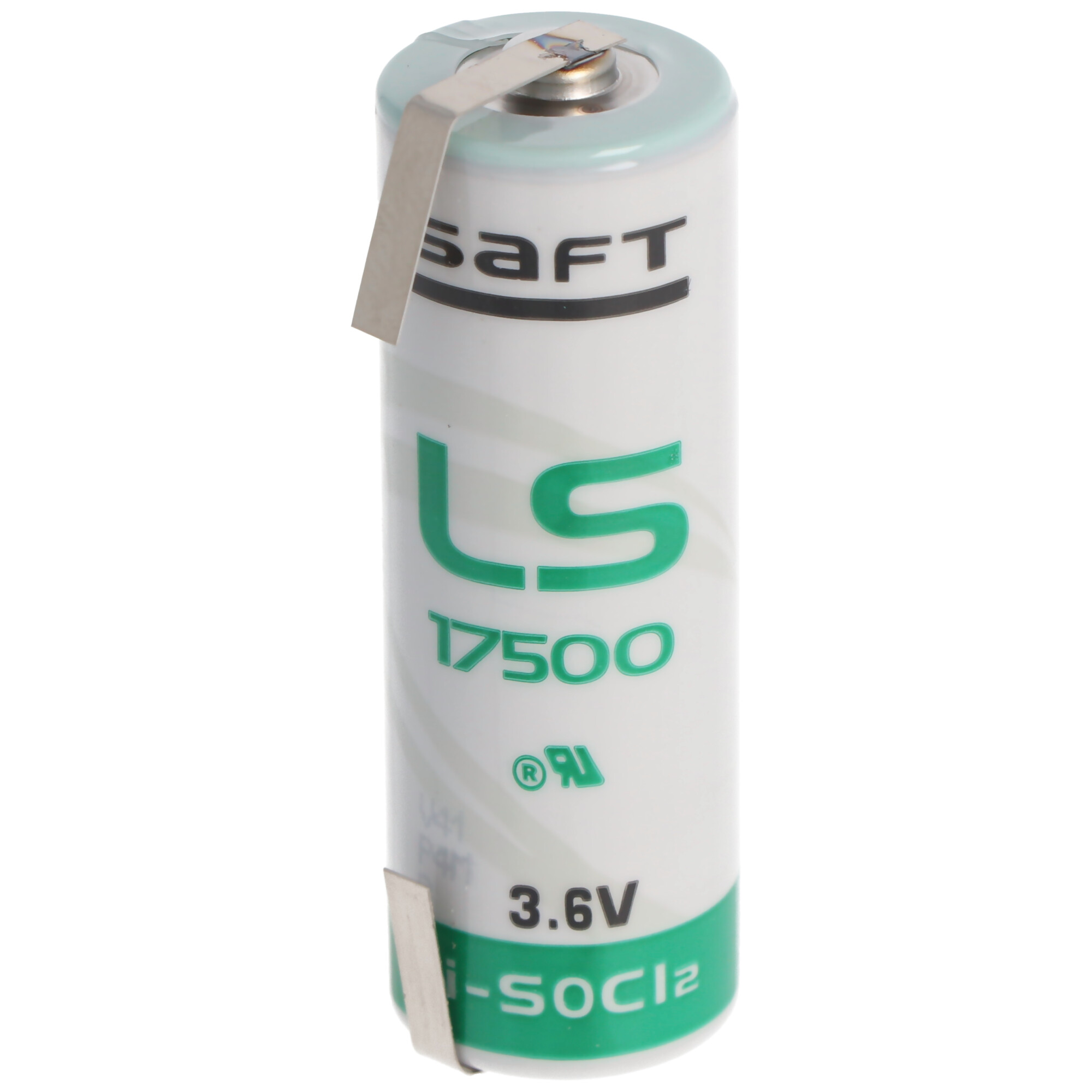 Weiße Saft LS 17500 Batterie mit grüner Schrift und Metalllaschen. 3,6V.