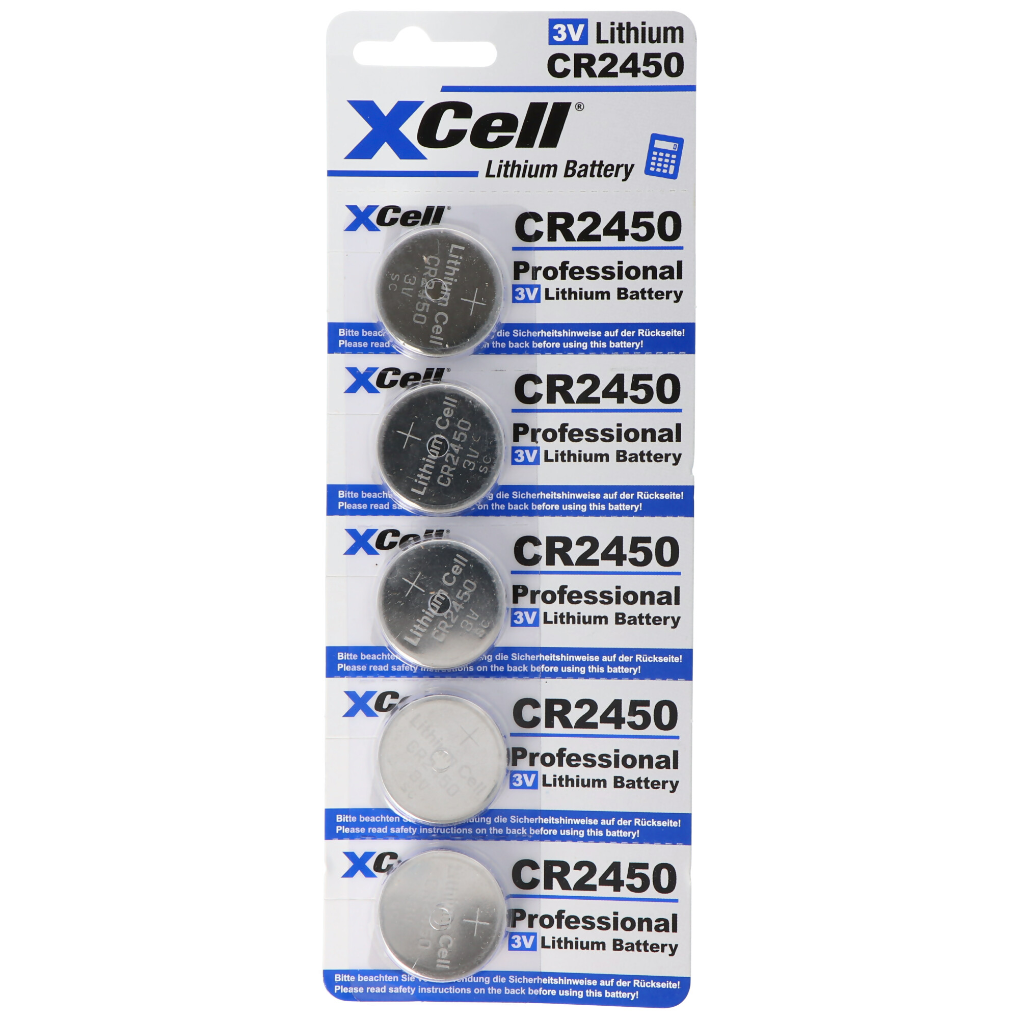 Verpackung mit fünf XCell CR2450 Lithium-Batterien, silberfarben.