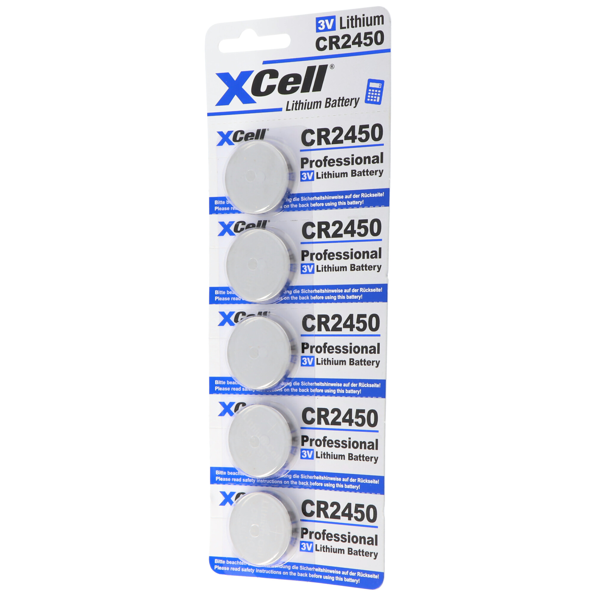 Verpackung mit vier XCell CR2450 3V Lithium-Knopfzellenbatterien.
