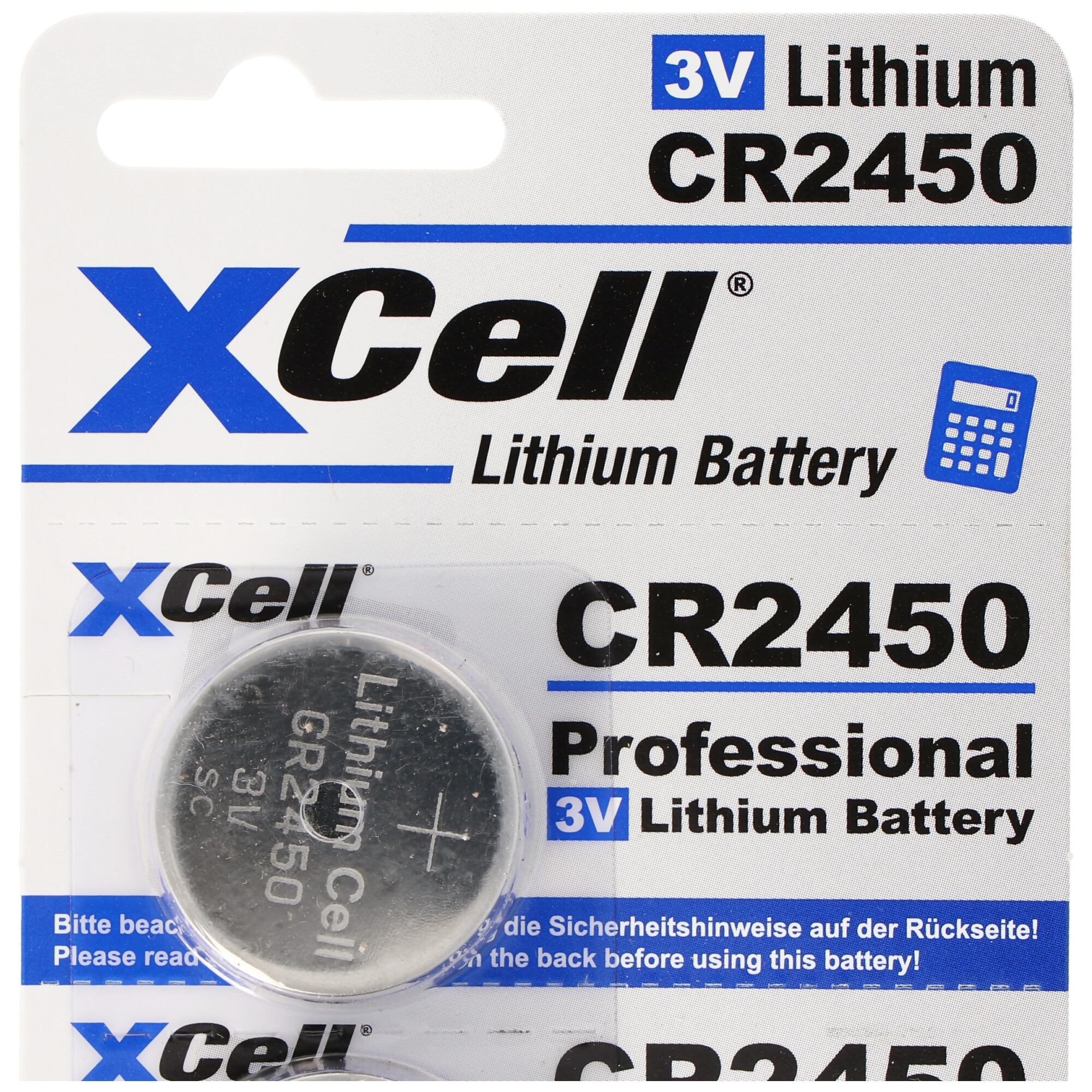 XCell 3V Lithium CR2450 Professional Batterie Verpackung mit einer Knopfzelle.