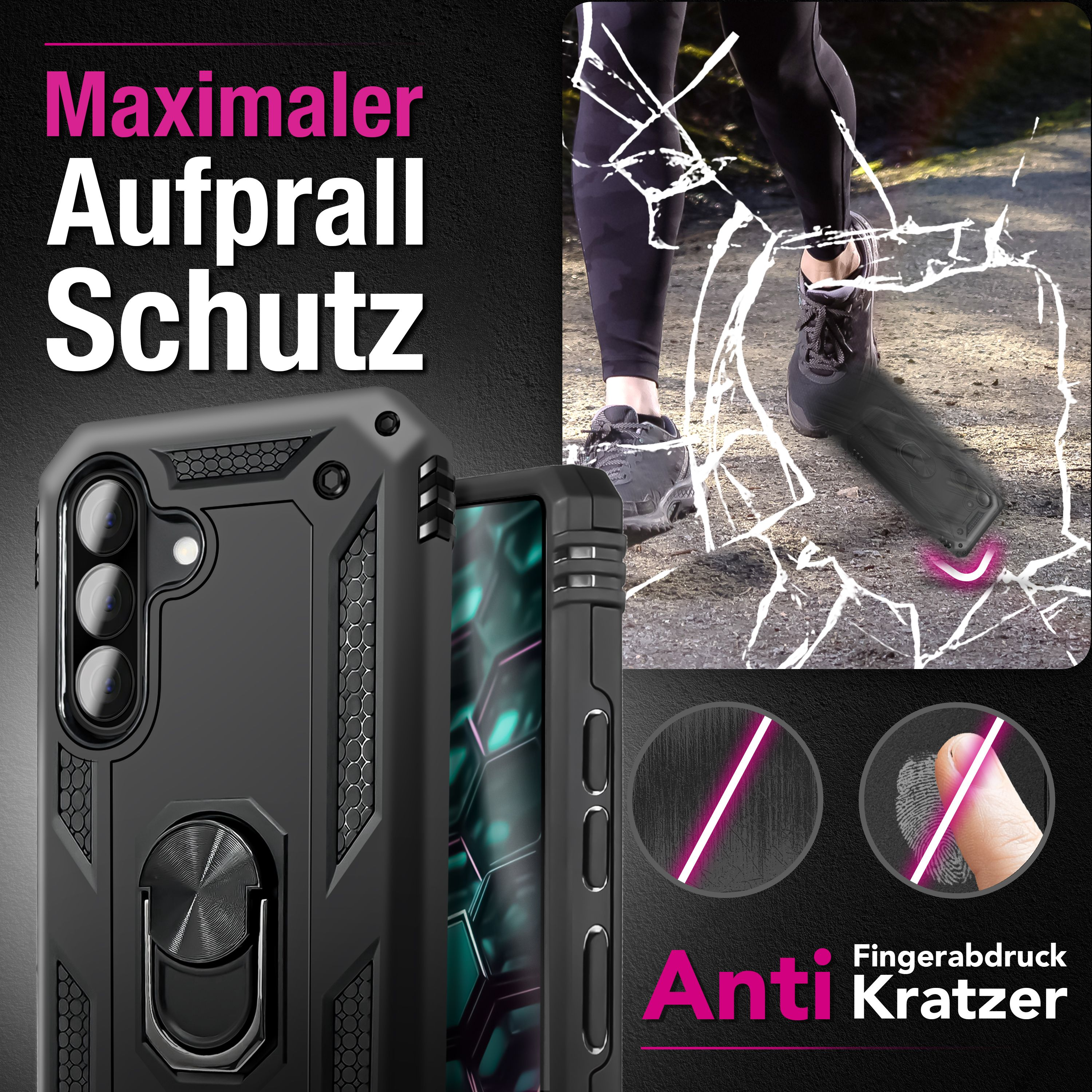 Schwarze Handyhülle mit Ring, vor zerbrochenem Glas und Fußabdruck.