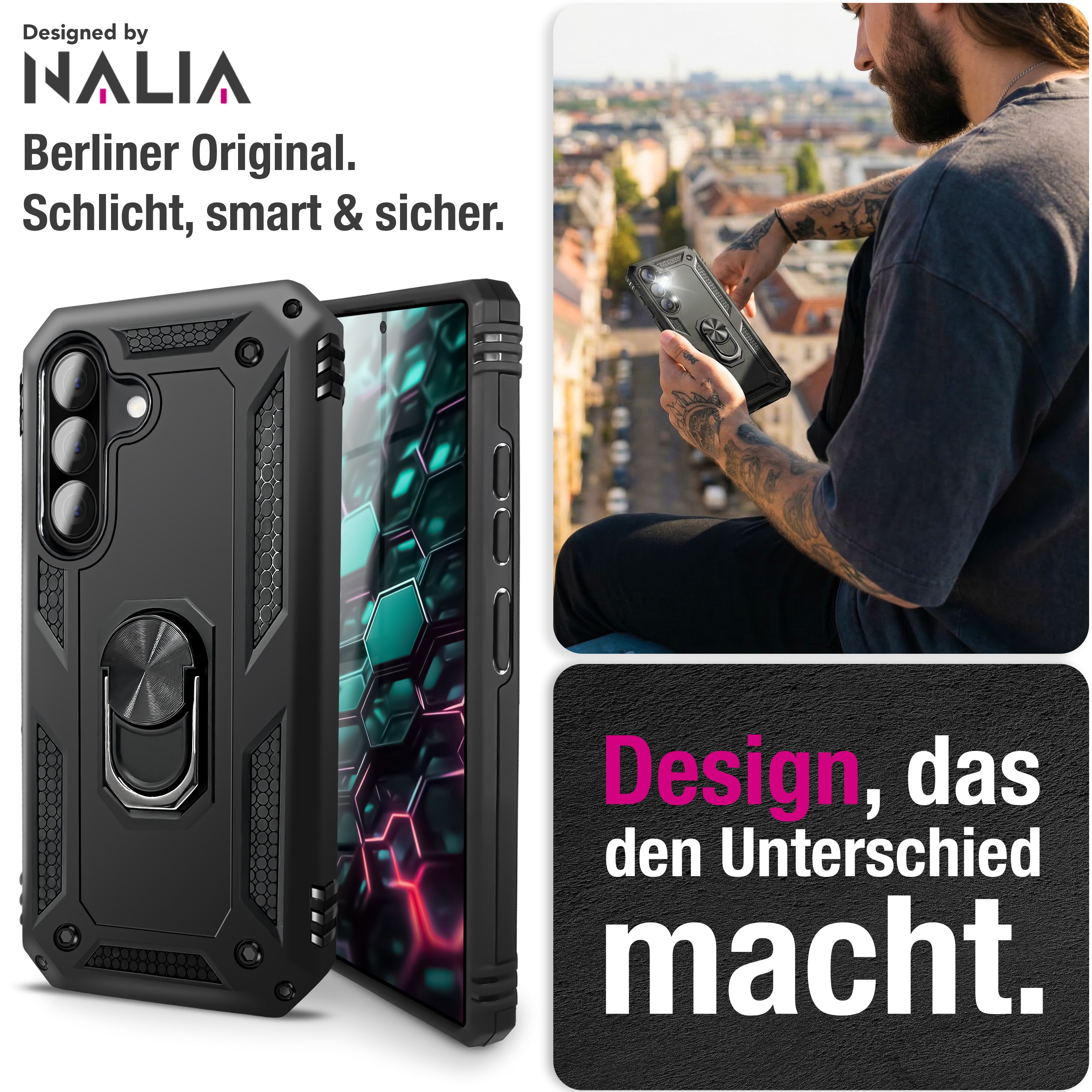 Schwarze Handyhülle mit Ringhalterung und Stadtansicht im Hintergrund.