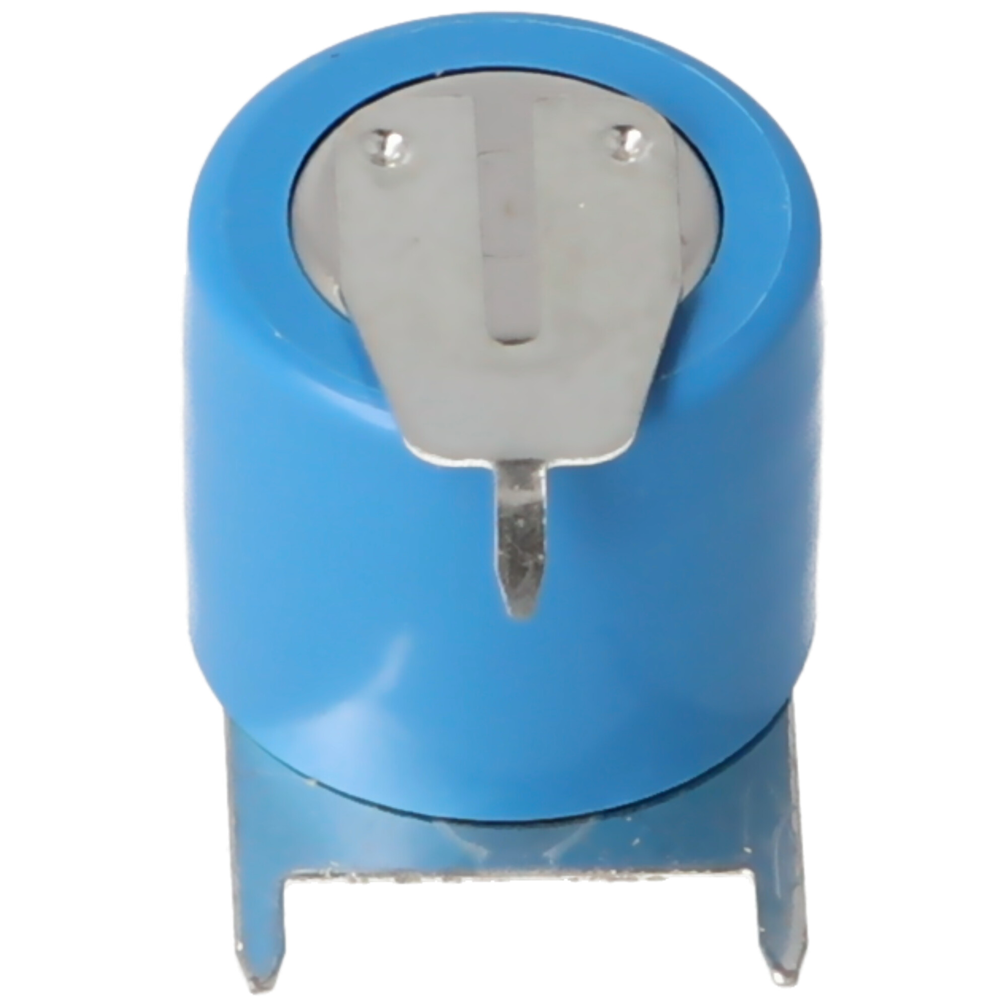 Ein blaues Batteriegehäuse mit silbernen Kontakten und einem Metallfuß.