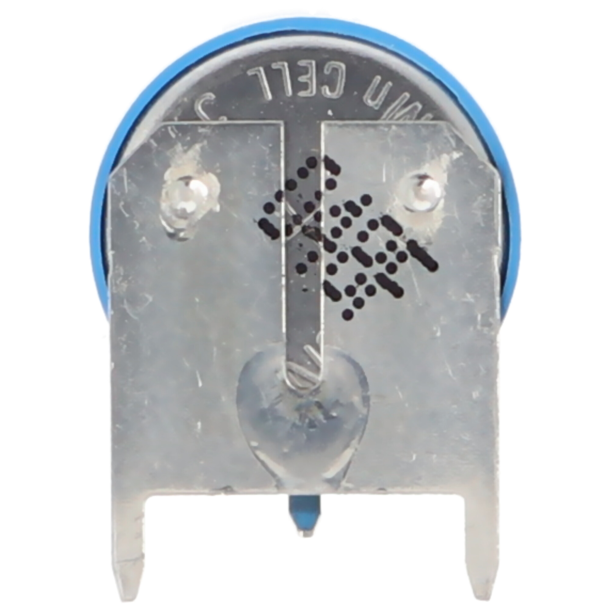 Nahaufnahme einer Knopfzellenbatterie mit blauem Rand und Metallhalterung.
