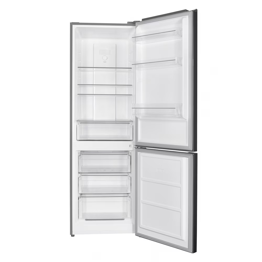 An open refrigerator with multiple shelves and drawers visible.