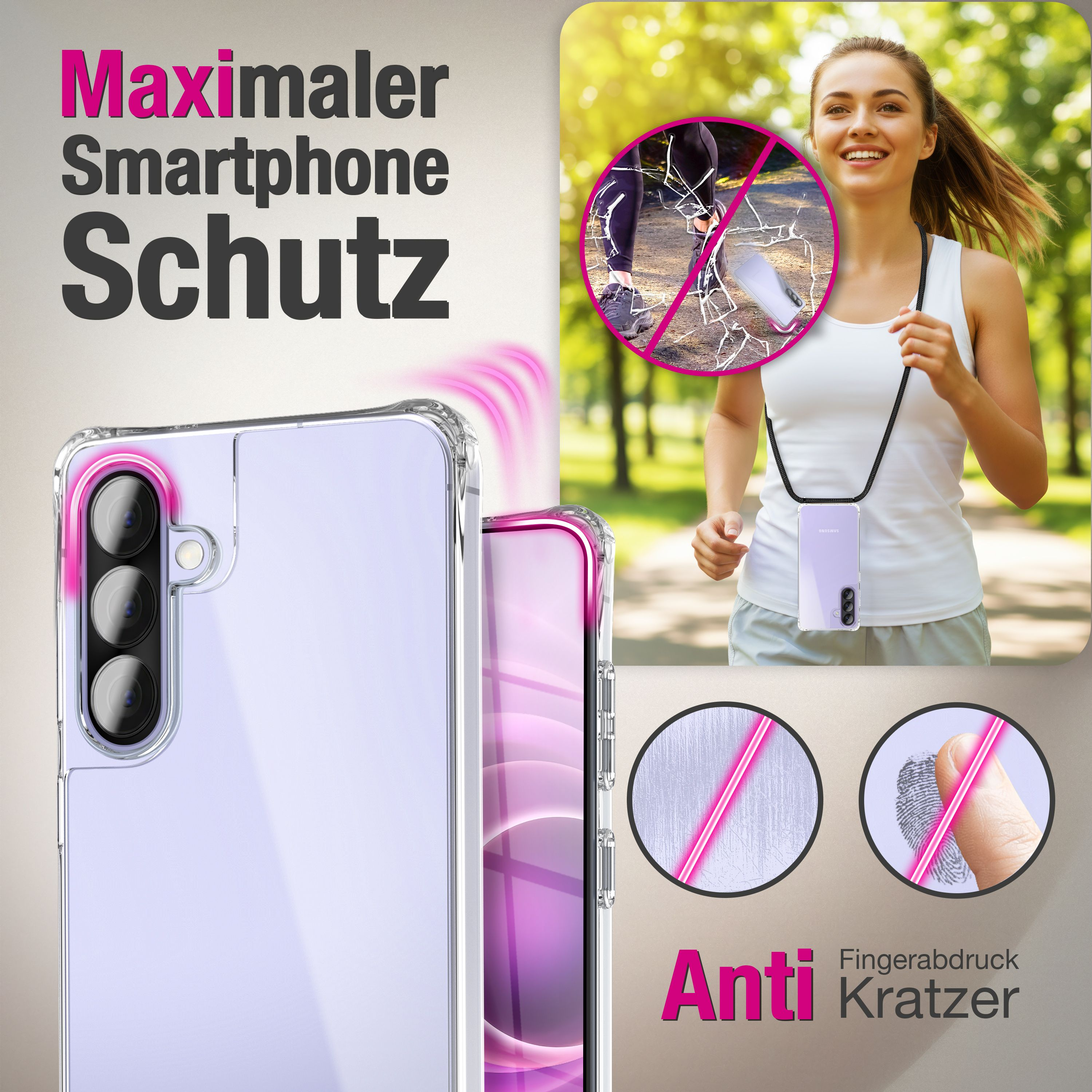 Transparente Hülle mit Handy, das eine Frau beim Joggen trägt. Schutz vor Rissen & Fingerabdrücken.