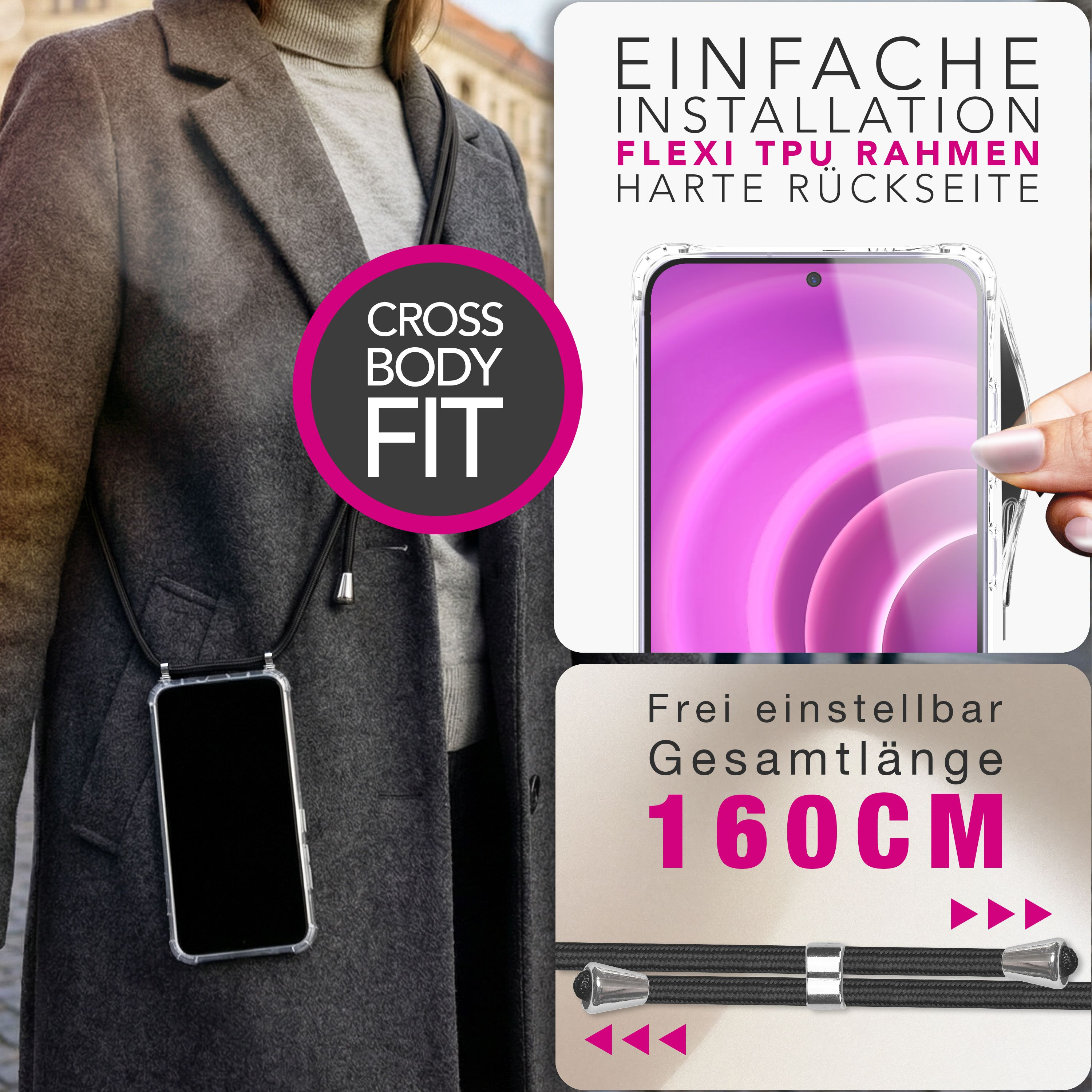 Ein Handy mit schwarzem Band wird über der Schulter einer Person getragen.