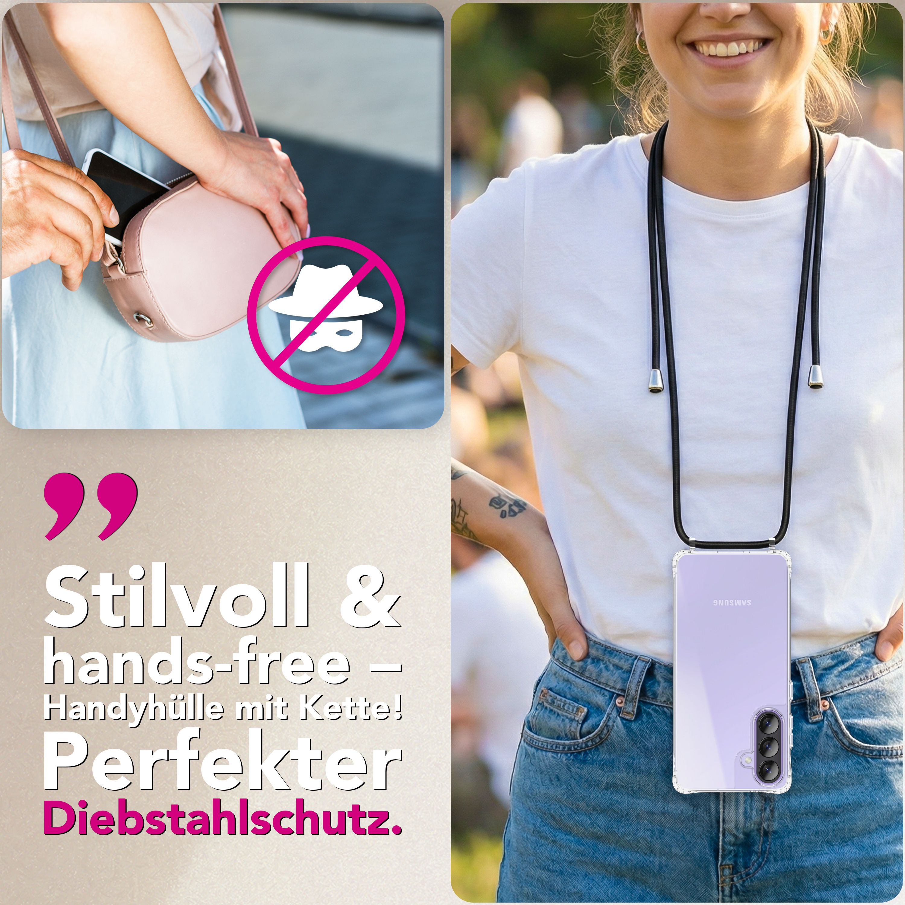 Frau mit Handy-Kette, die ein lila Samsung-Handy trägt. Links eine Handtasche.