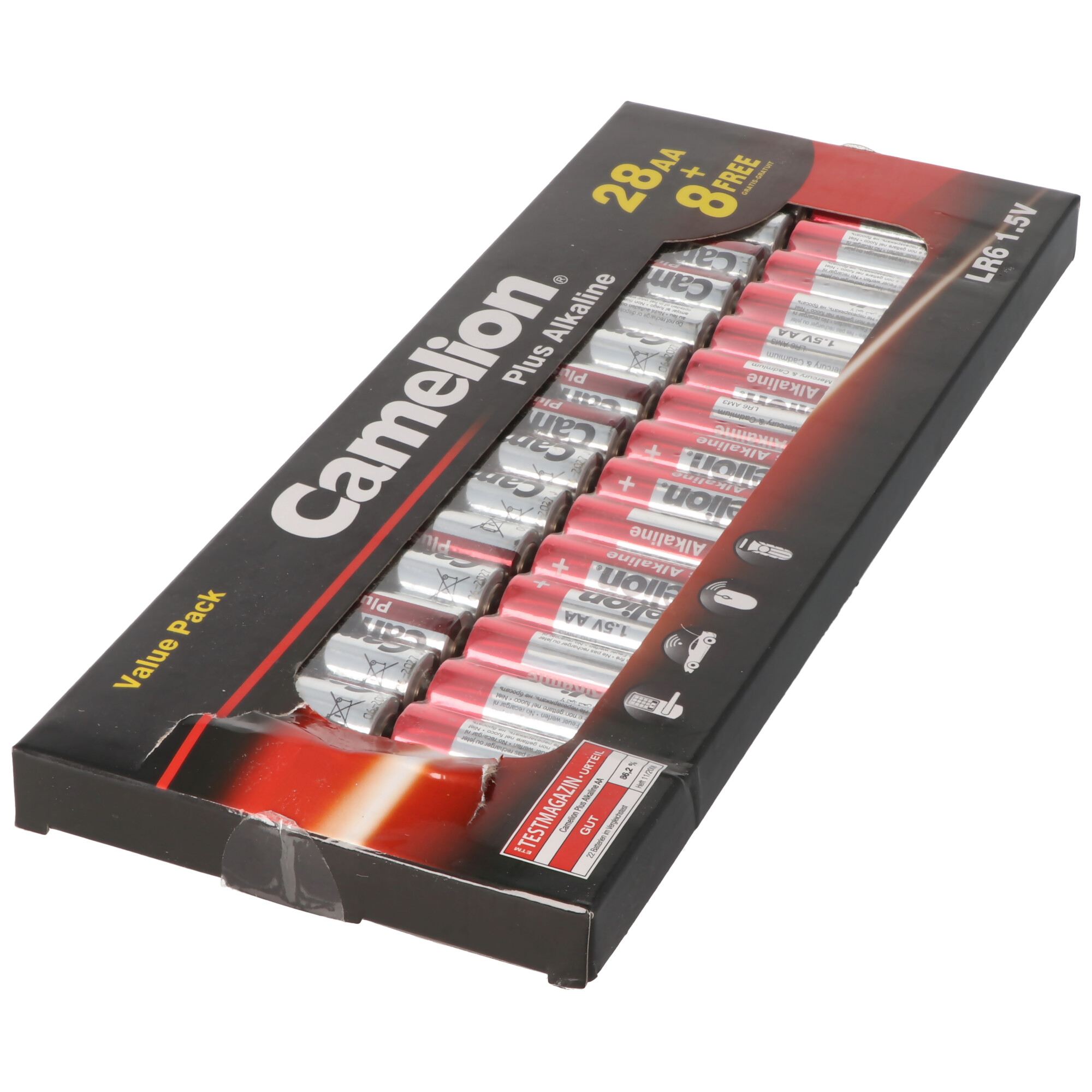 Verpackung mit 28 AA Batterien und 8 Gratis. Camelion Plus Alkaline LR6 1.5V.