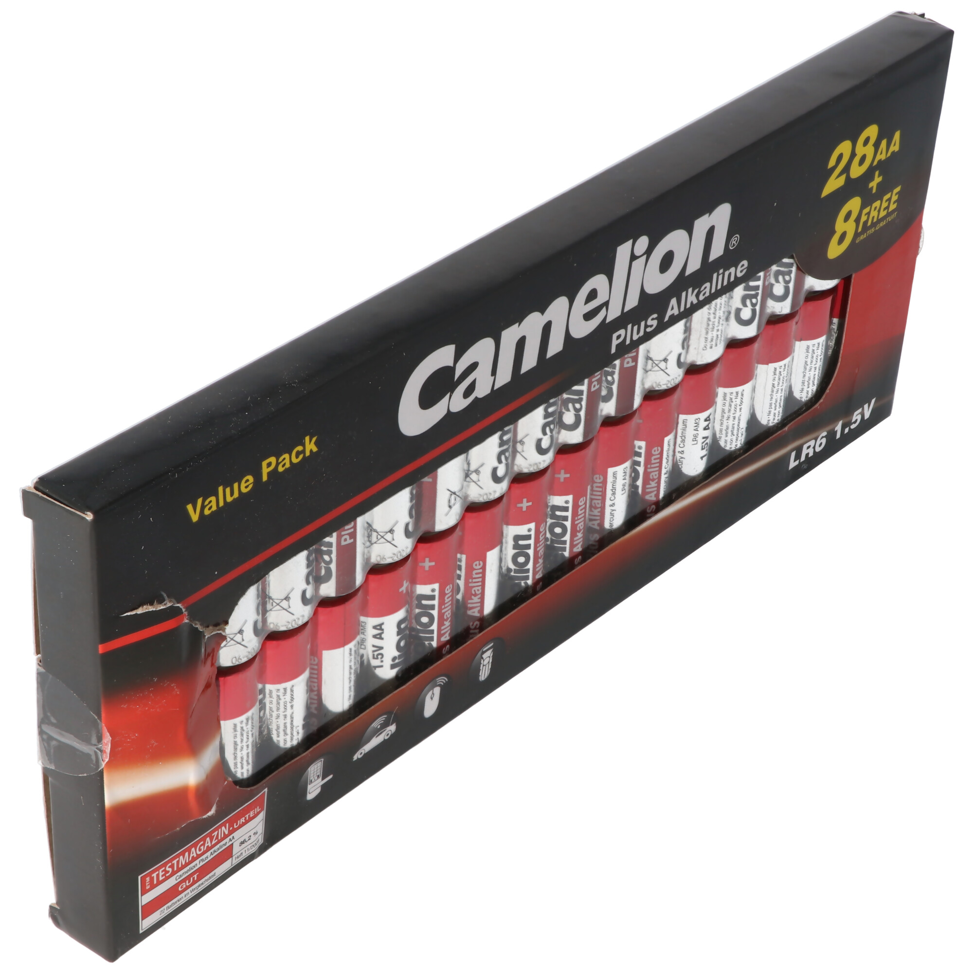 Verpackung mit 28 AA Batterien und 8 gratis Camelion Plus Alkaline Batterien.