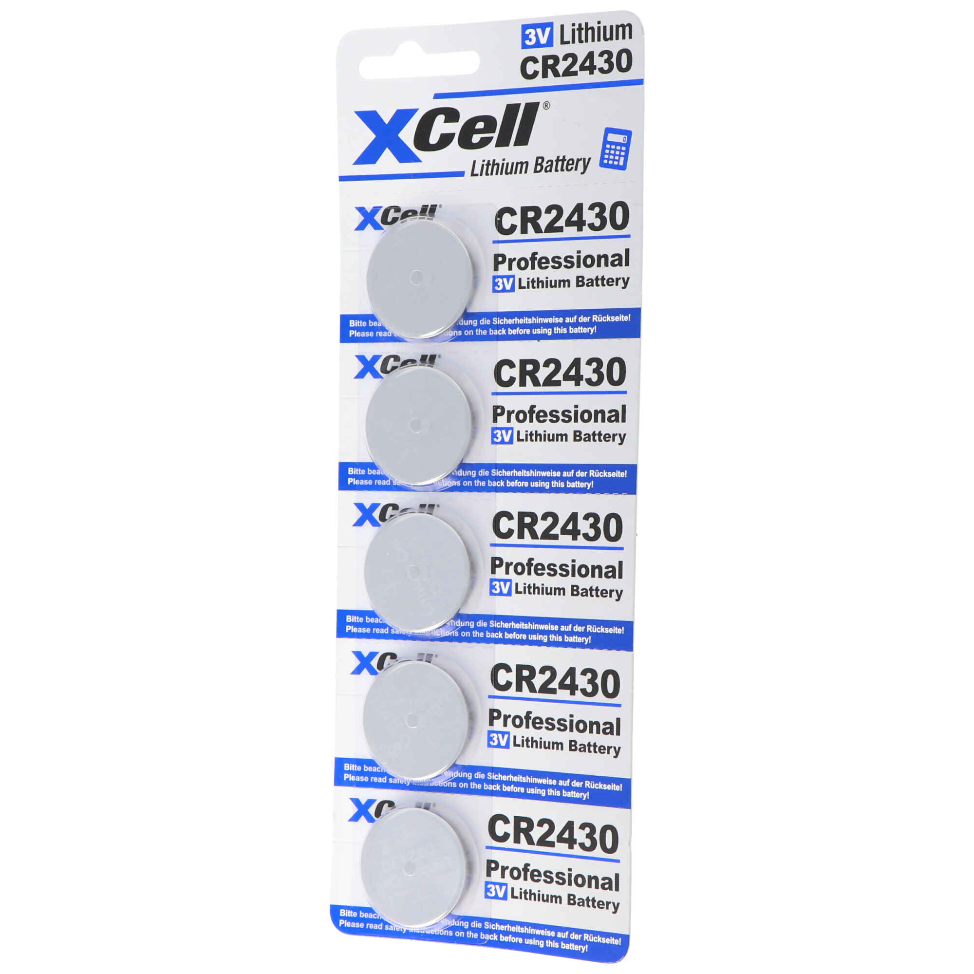 Verpackung mit fünf XCell CR2430 Lithium-Batterien. Silberne Batterien.