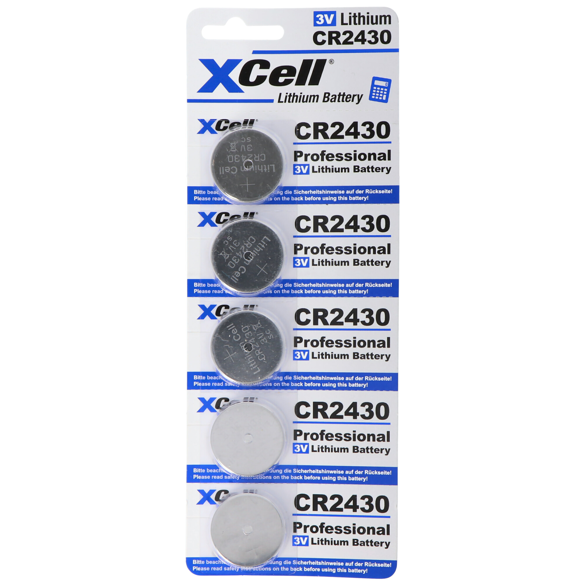 Verpackung mit fünf XCell CR2430 Lithium-Batterien, 3V, professionell.