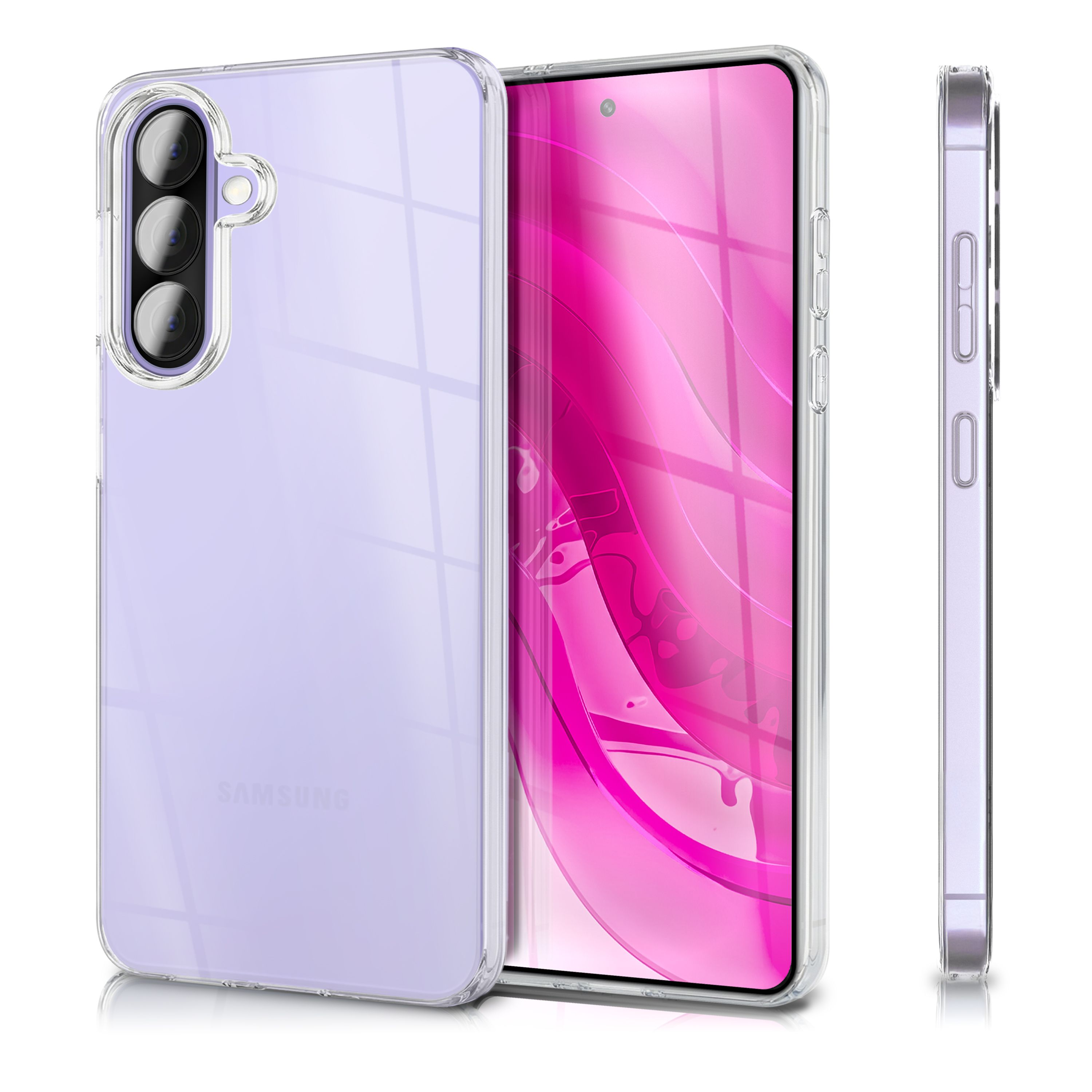 Ein durchsichtiges Handyhülle mit einem lilafarbenen Handy mit drei Kameras.