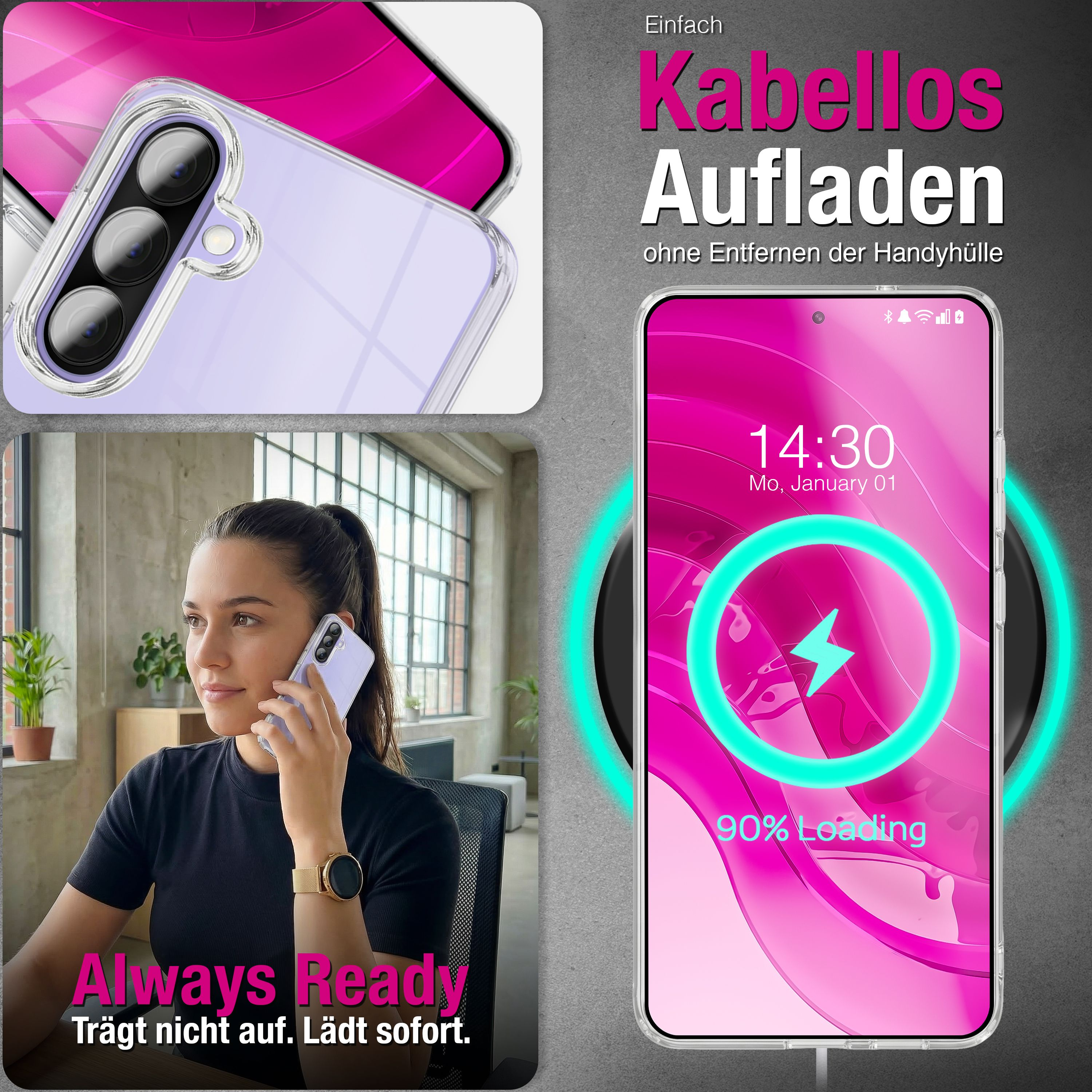 Collage: Frau telefoniert, Handy wird kabellos geladen, Handyhülle.