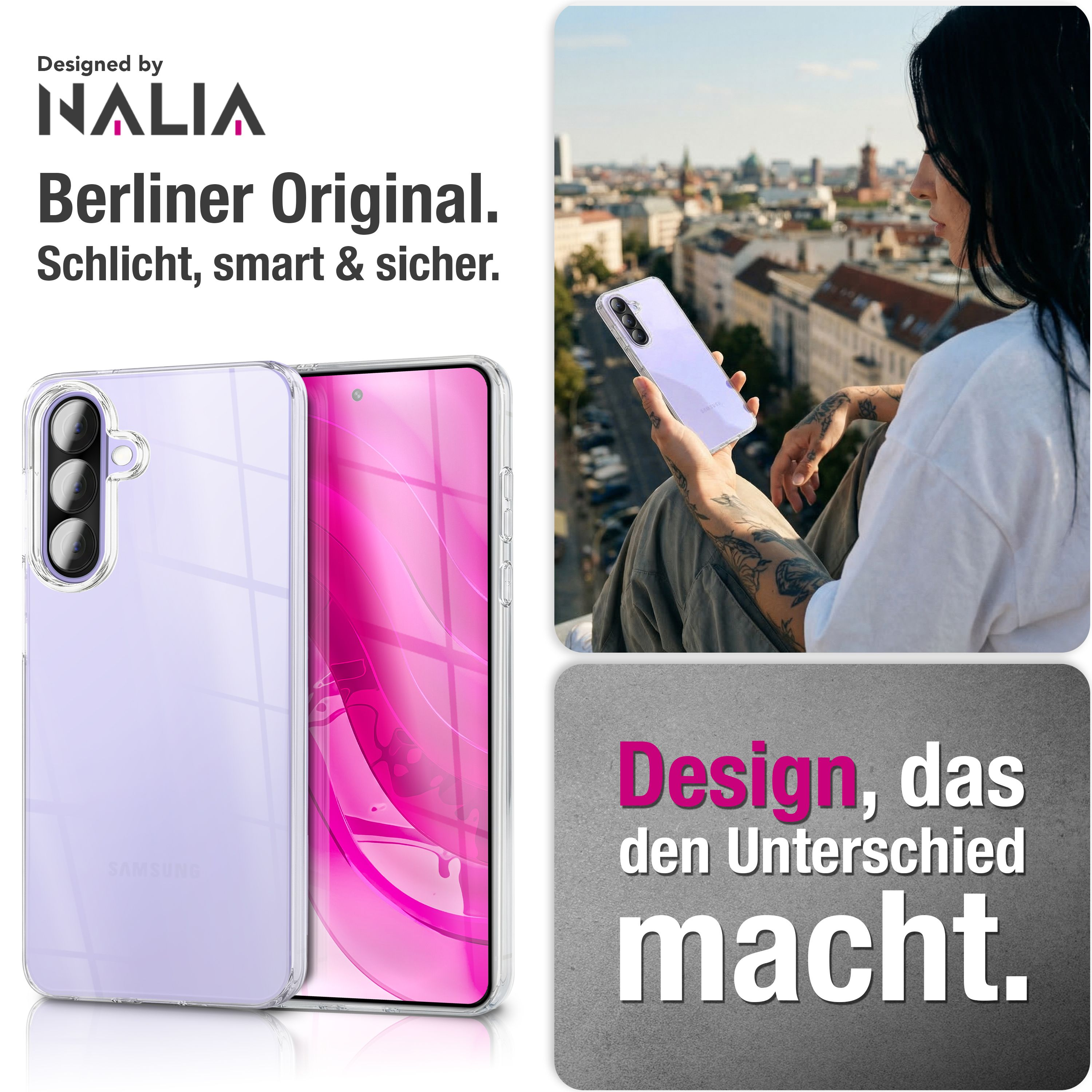 Ein lila Smartphone in einer Hülle vor einem städtischen Panorama.