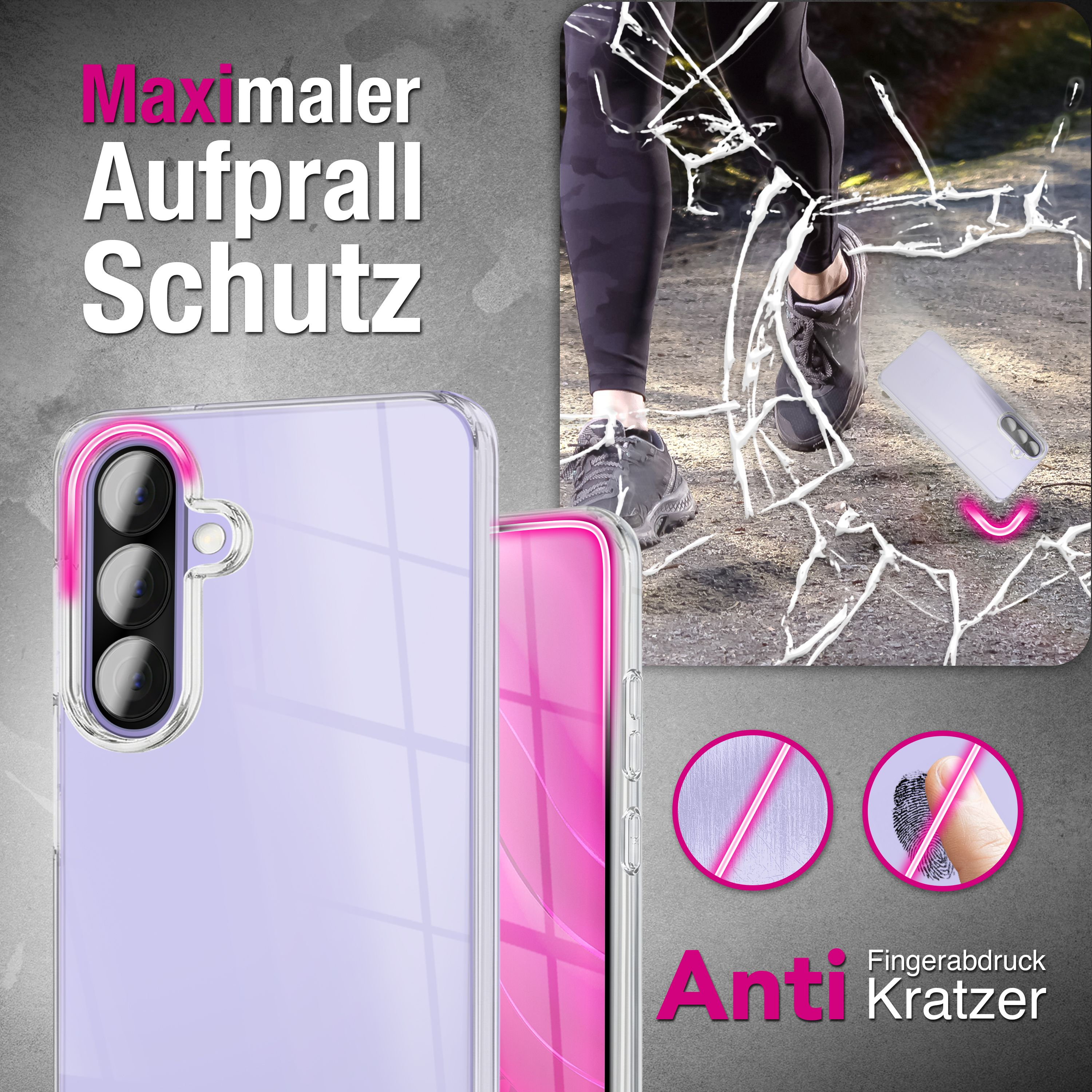 Transparente Handyhülle mit Kamera und Fingerabdruckschutz-Symbolen.