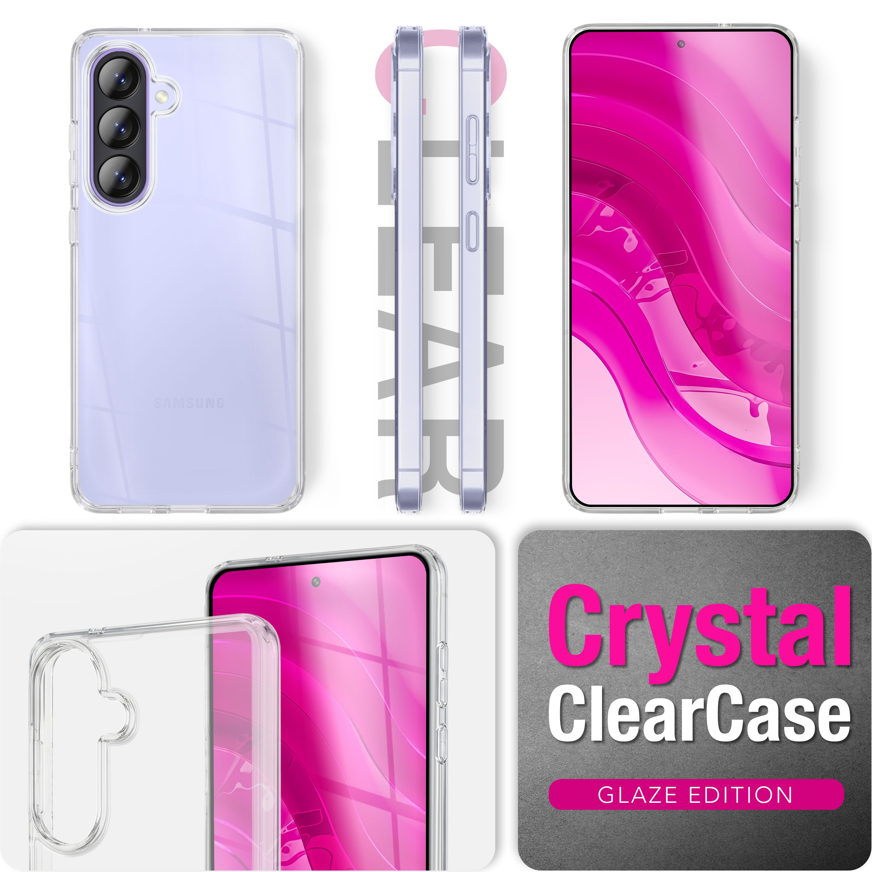 Transparente Handyhülle mit Kameraschutz und pinkem Display.
