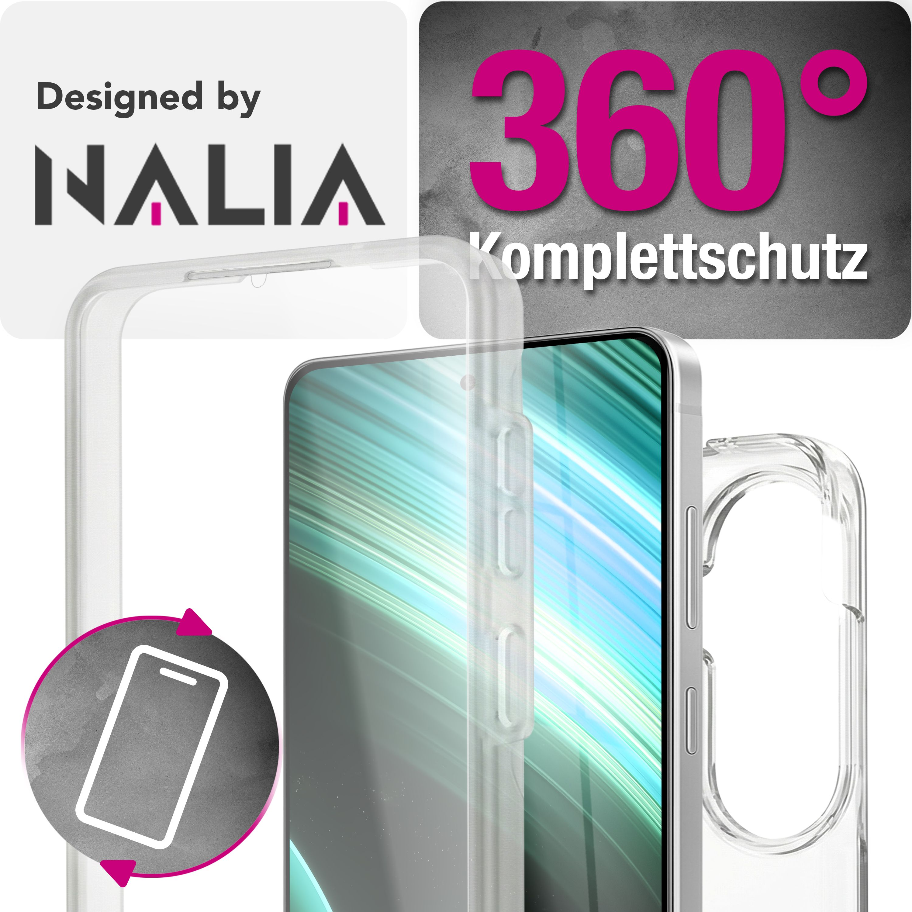 Custodia trasparente per telefono con scritta "Protezione Completa 360°" e logo "Design by NALIA".
