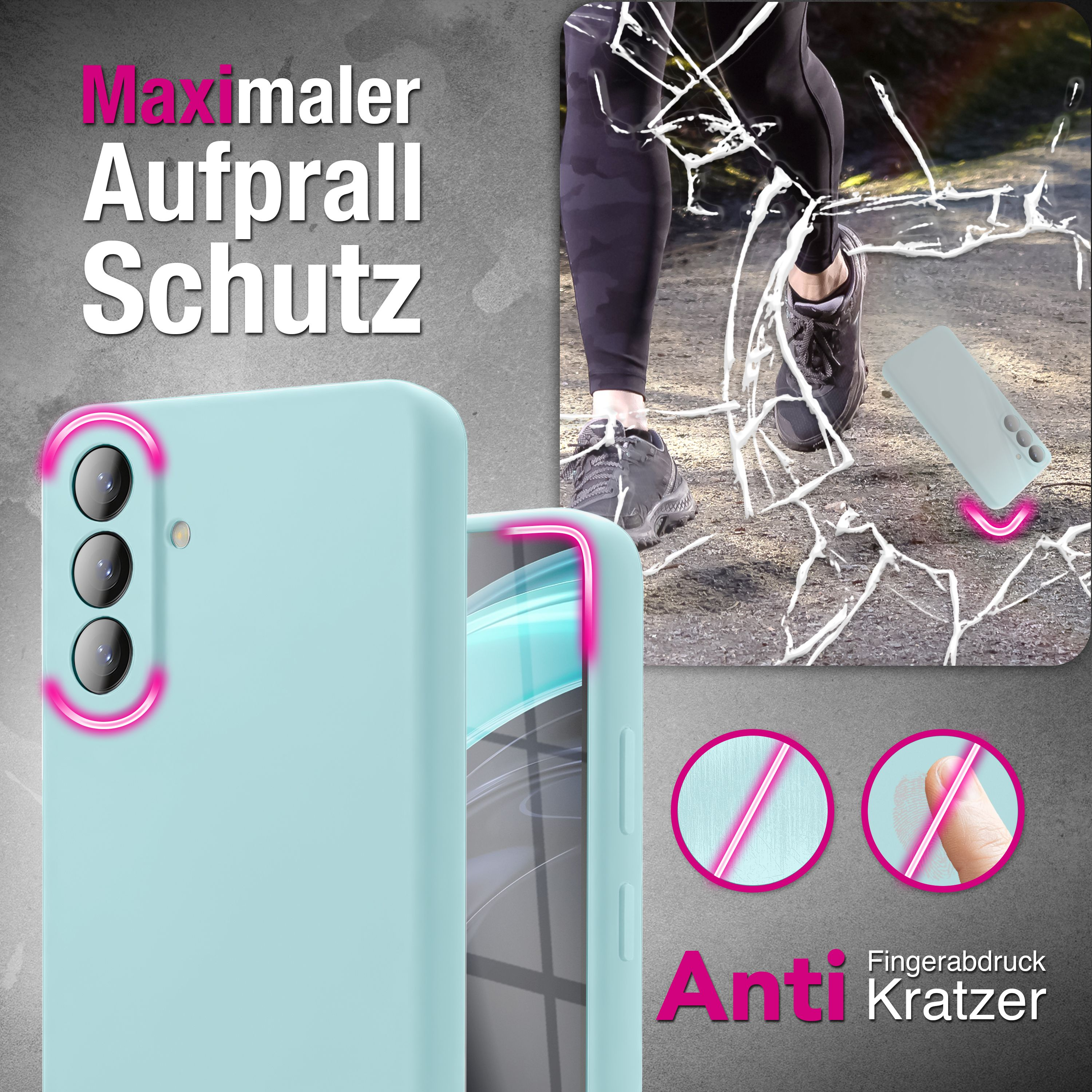 Türkisblaues Handycover mit Kameraschutz. Laufschuh tritt auf zersplittertes Glas.