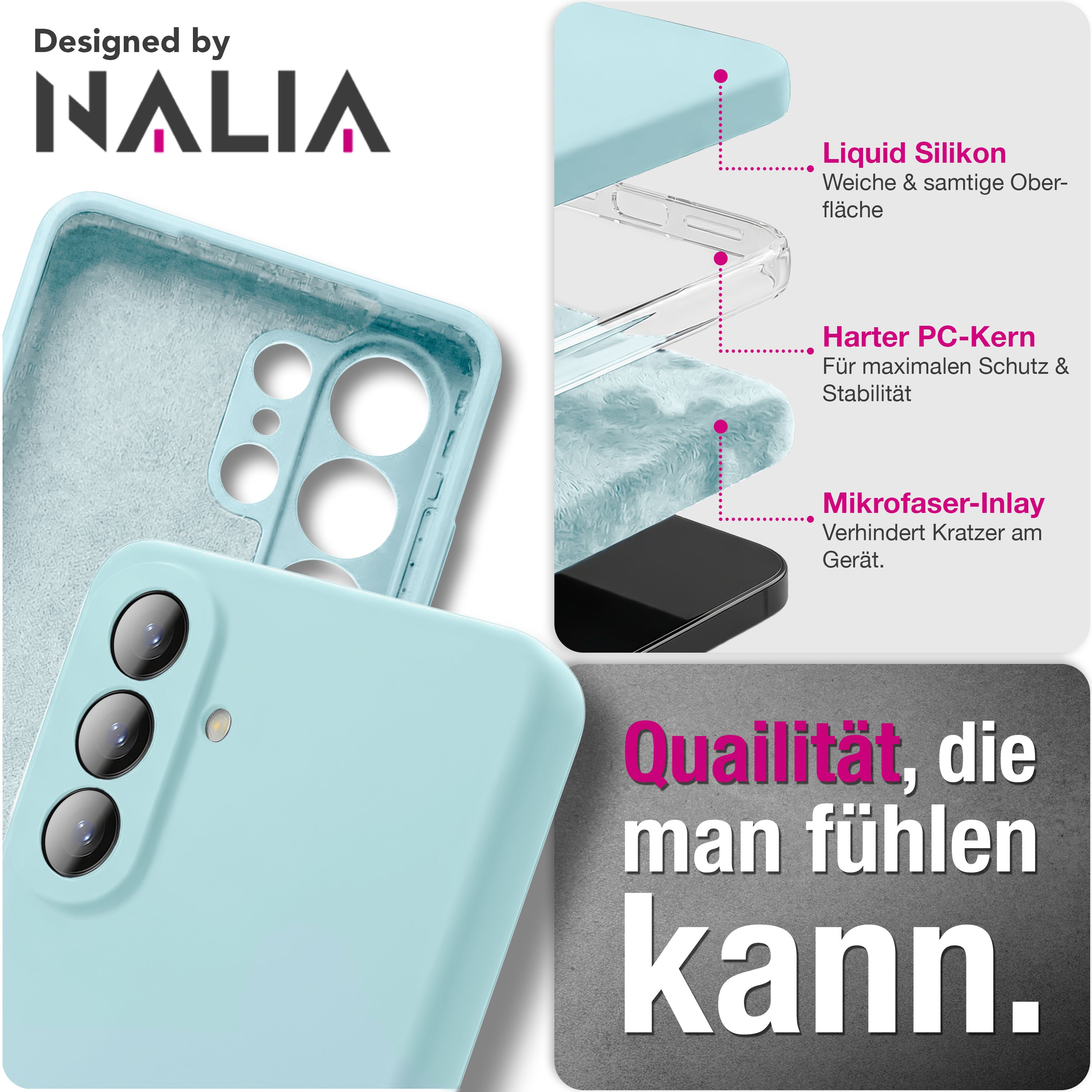 Ein hellblaues Handycover aus Silikon mit Mikrofaser-Inlay. Details des Aufbaus.