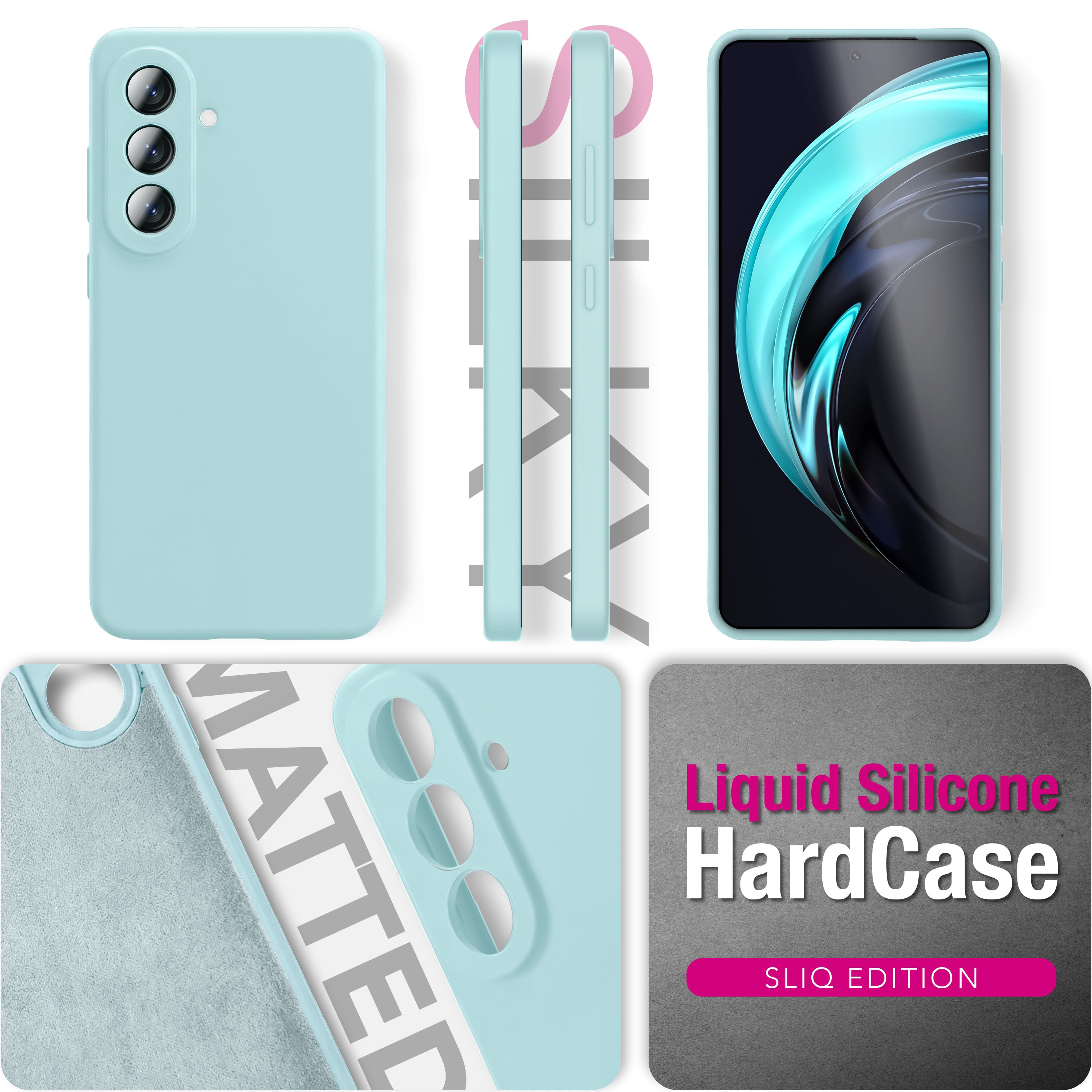 Ein hellblaues Handycover, Seitenansichten und ein Handy mit blauem Bildschirm.