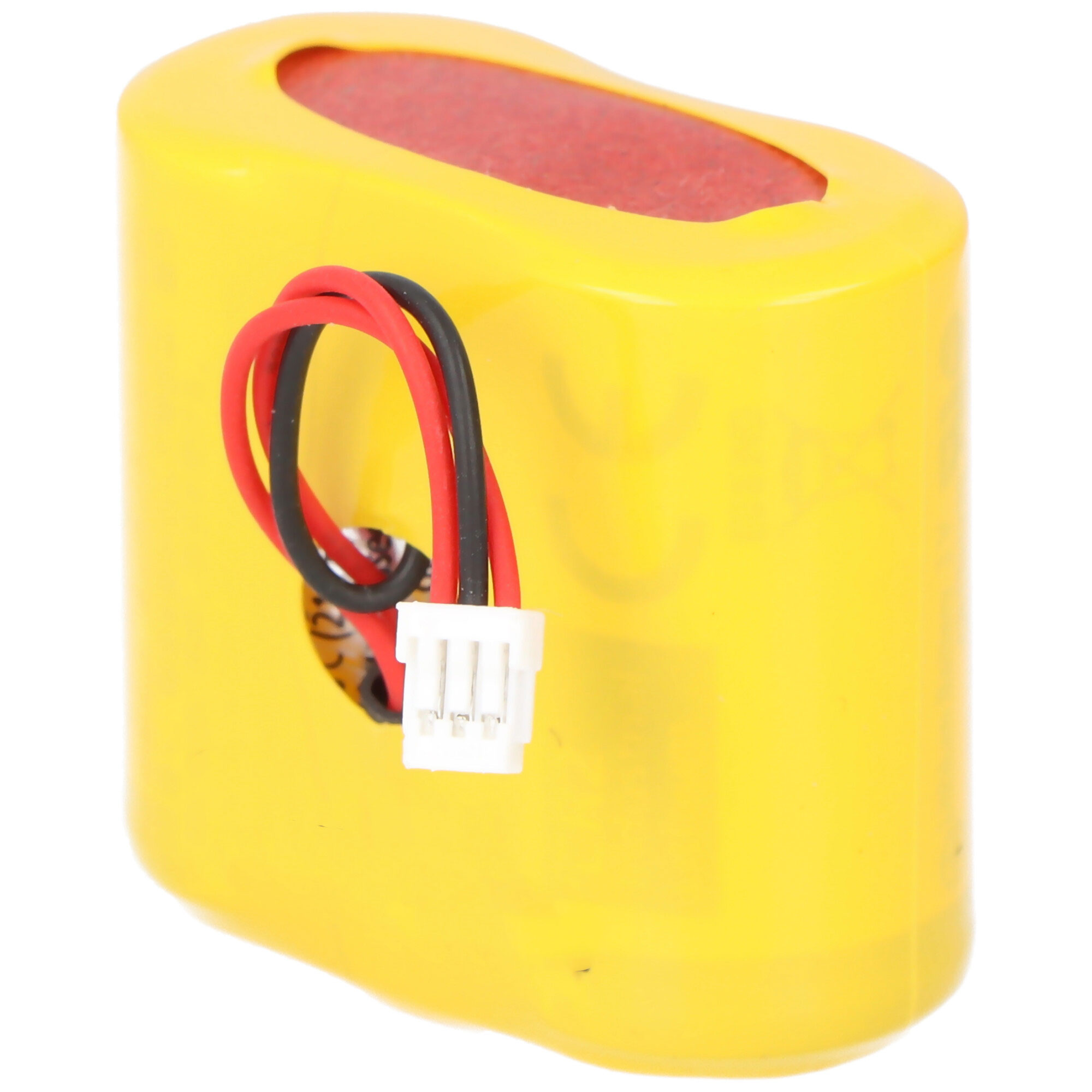 Gelber Akku mit rotem Streifen, schwarzen und roten Kabeln und weißem Stecker.